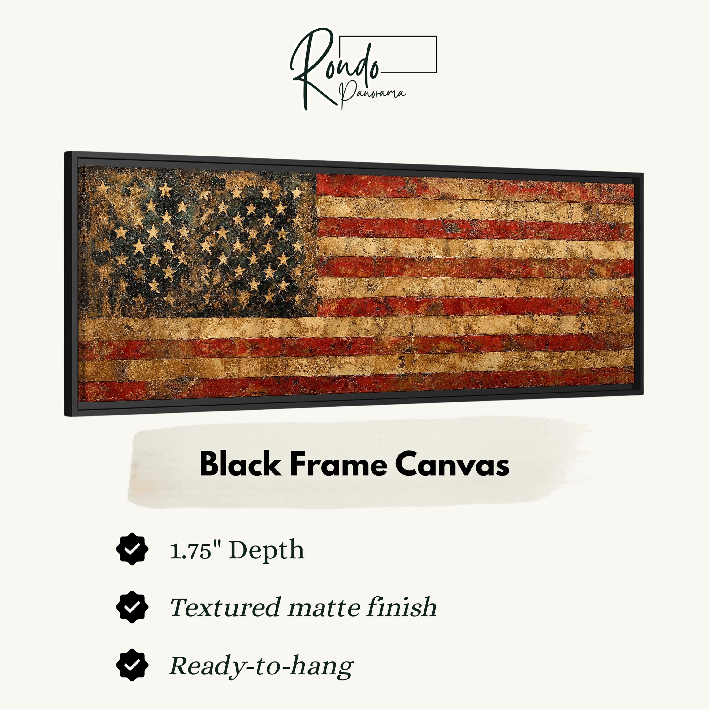 a large, black-framed canvas depicting the American flag.