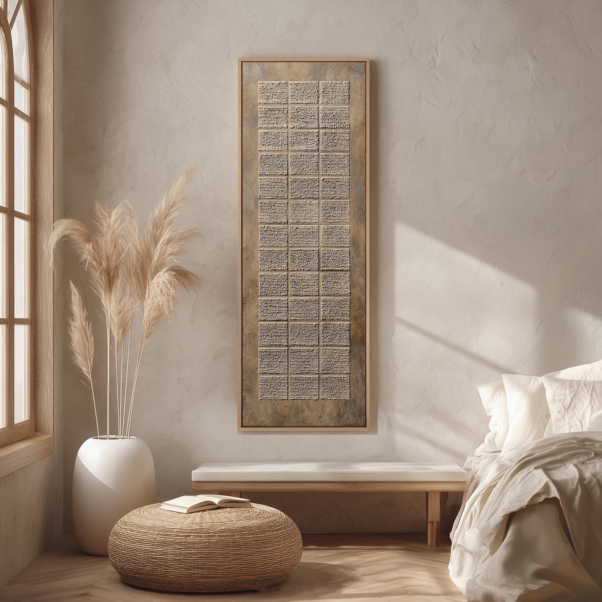 a serene and minimalist bedroom with a large window, a white bed, a wooden bench, a woven ottoman, and a large abstract painting on the wall.