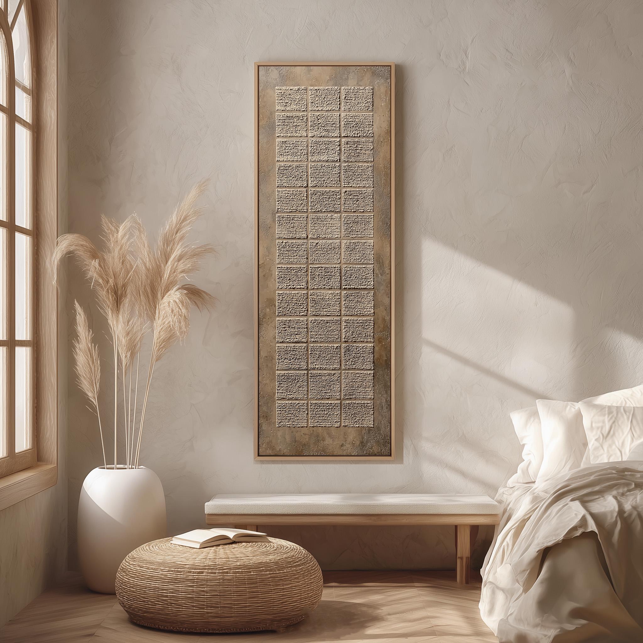a serene and minimalist bedroom with a large window, a white bed, a wooden bench, a woven ottoman, and a large abstract painting on the wall.