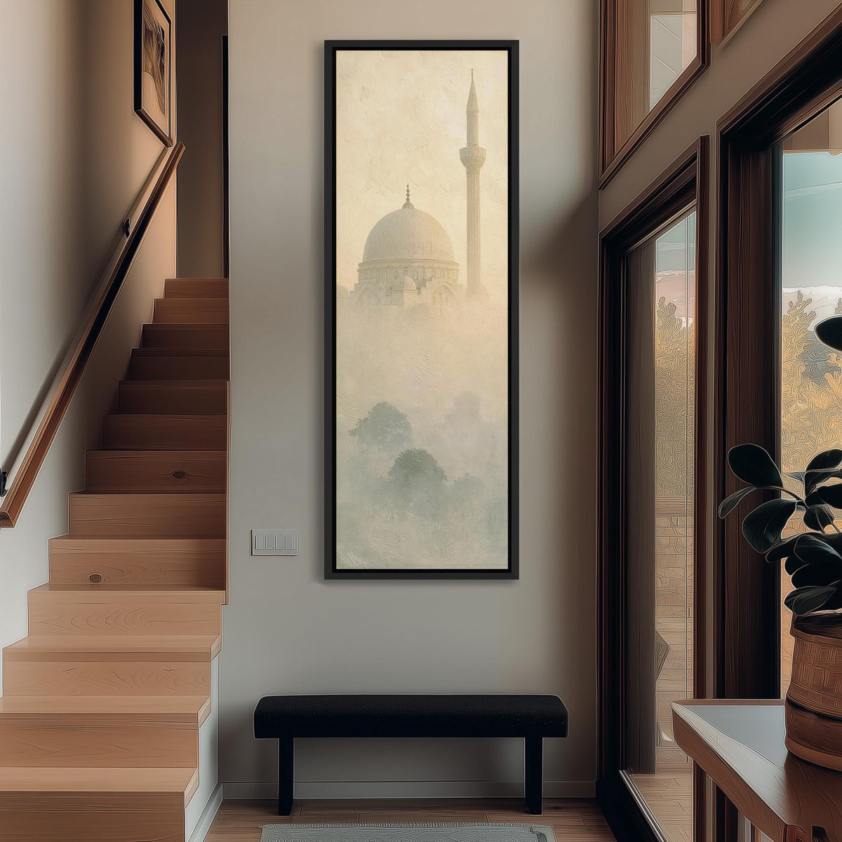 Mosque dome and minaret in the mist tall narrow canvas print beside a staircase in an entryway