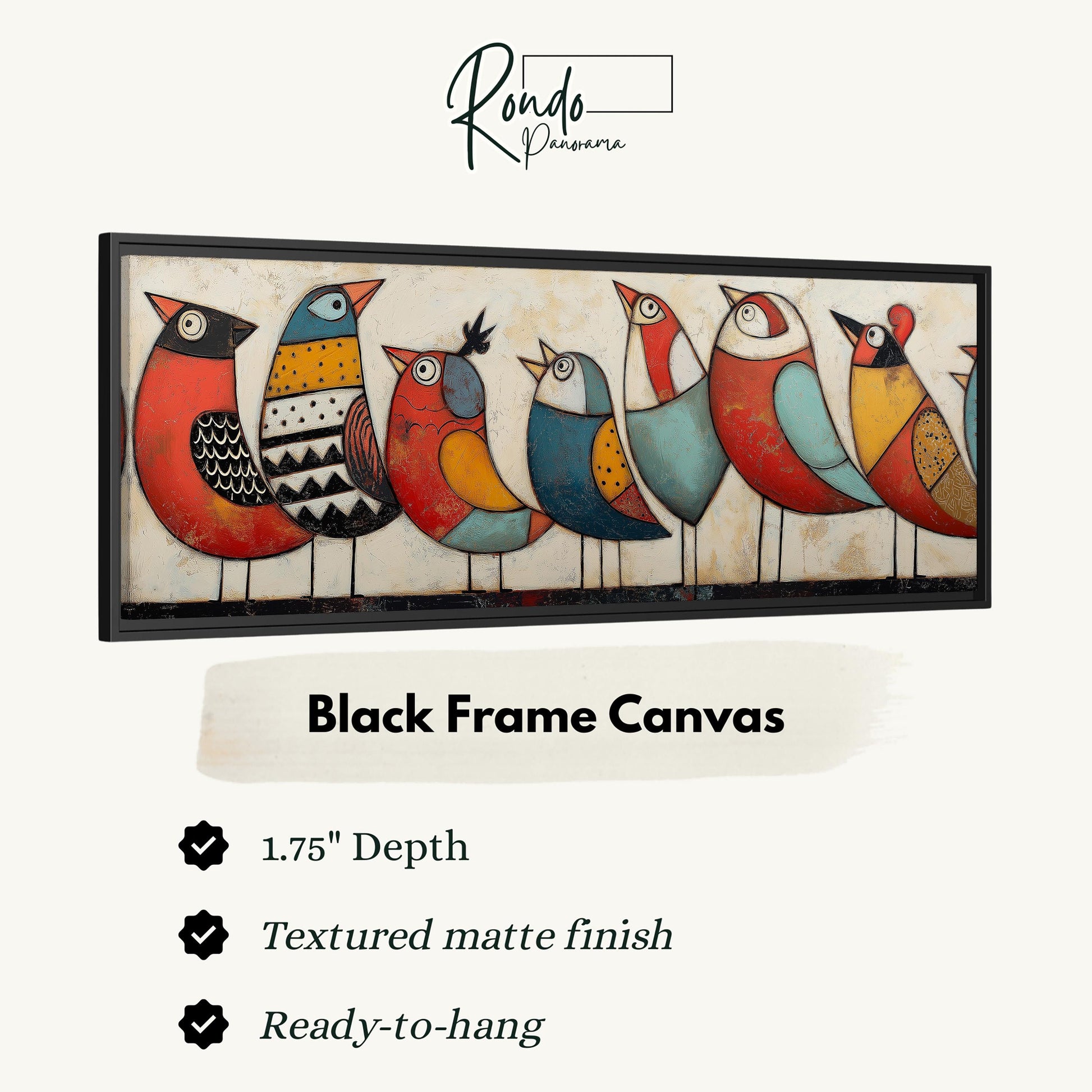 a black frame canvas with a vibrant painting of seven colorful birds.