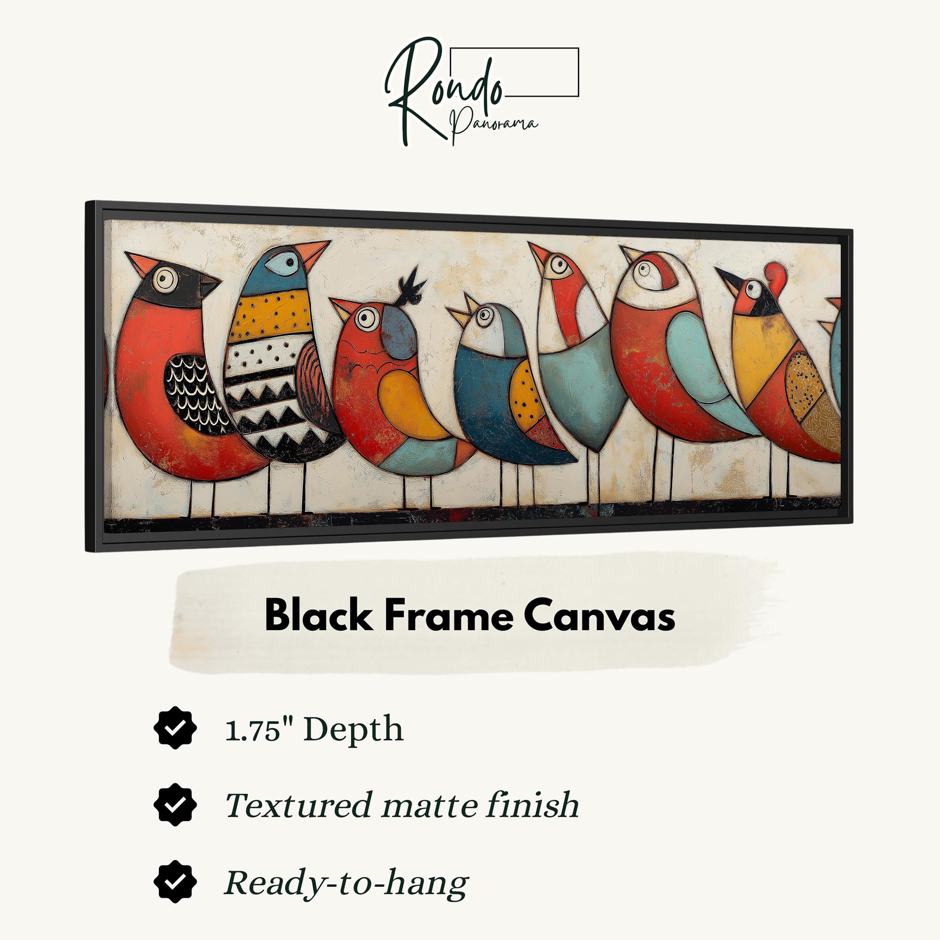 a black frame canvas with a vibrant painting of seven colorful birds.