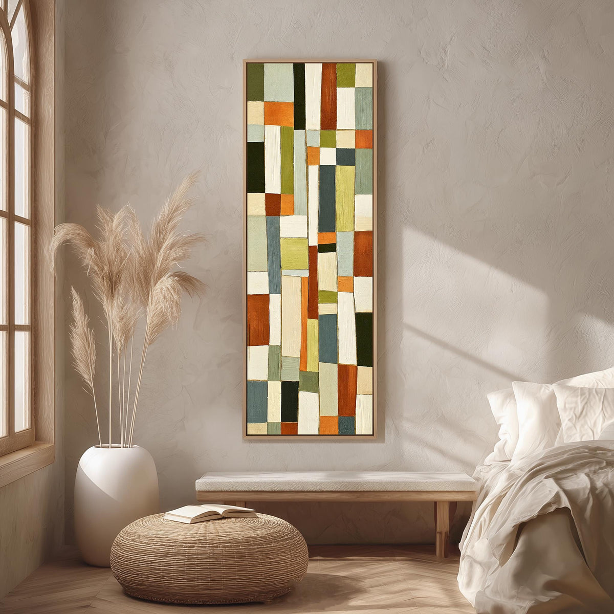 Muted sage, terracotta and cream block grid long vertical canvas print in a bright reading corner