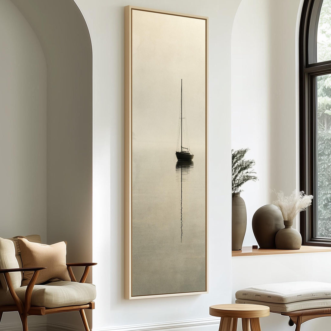 Sailboat reflected in calm fog long vertical canvas print in a sunlit living space