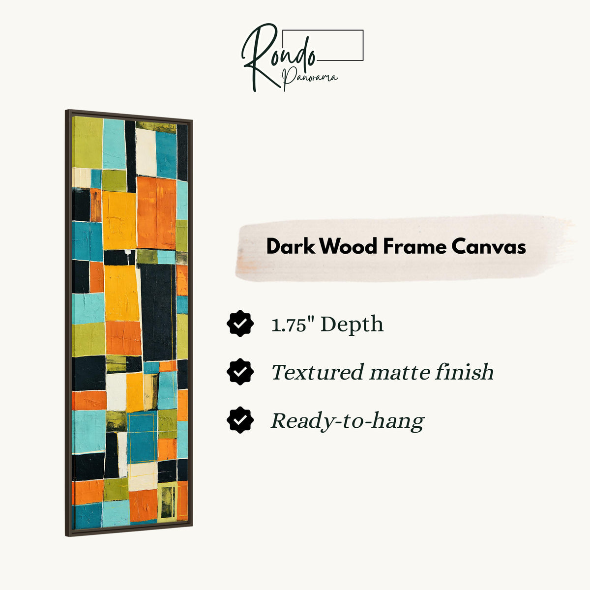 Bold mustard and teal patchwork blocks canvas print in a dark wood floating frame