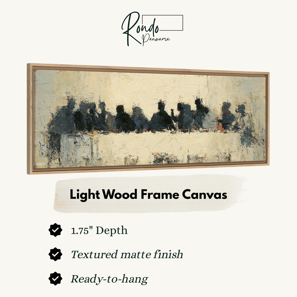 Abstract silhouette Last Supper canvas print in a light wood floating frame
