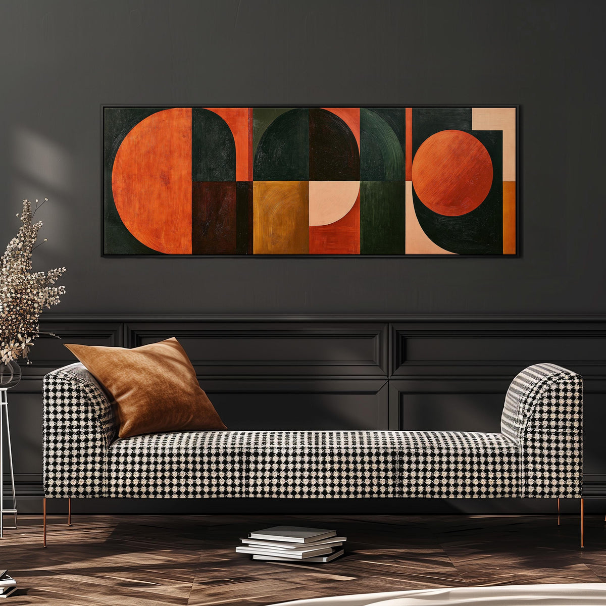 Orange circles and arches on forest green wide panoramic canvas print above a bench in a dark living room