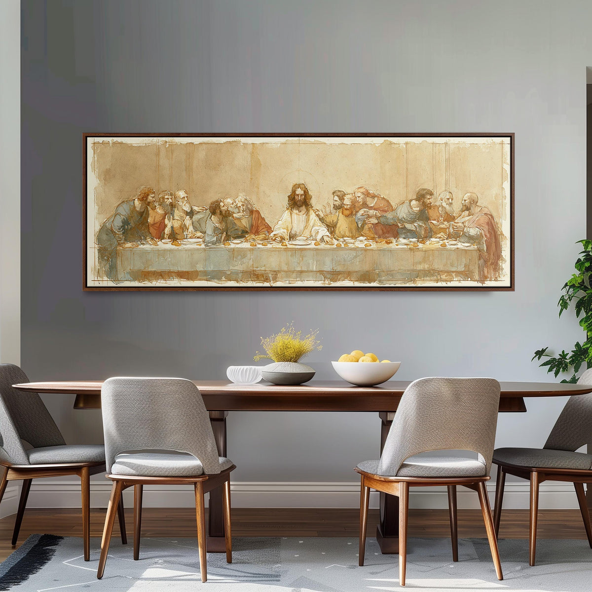 The Last Supper in a sepia sketch style long horizontal canvas print above a dining table