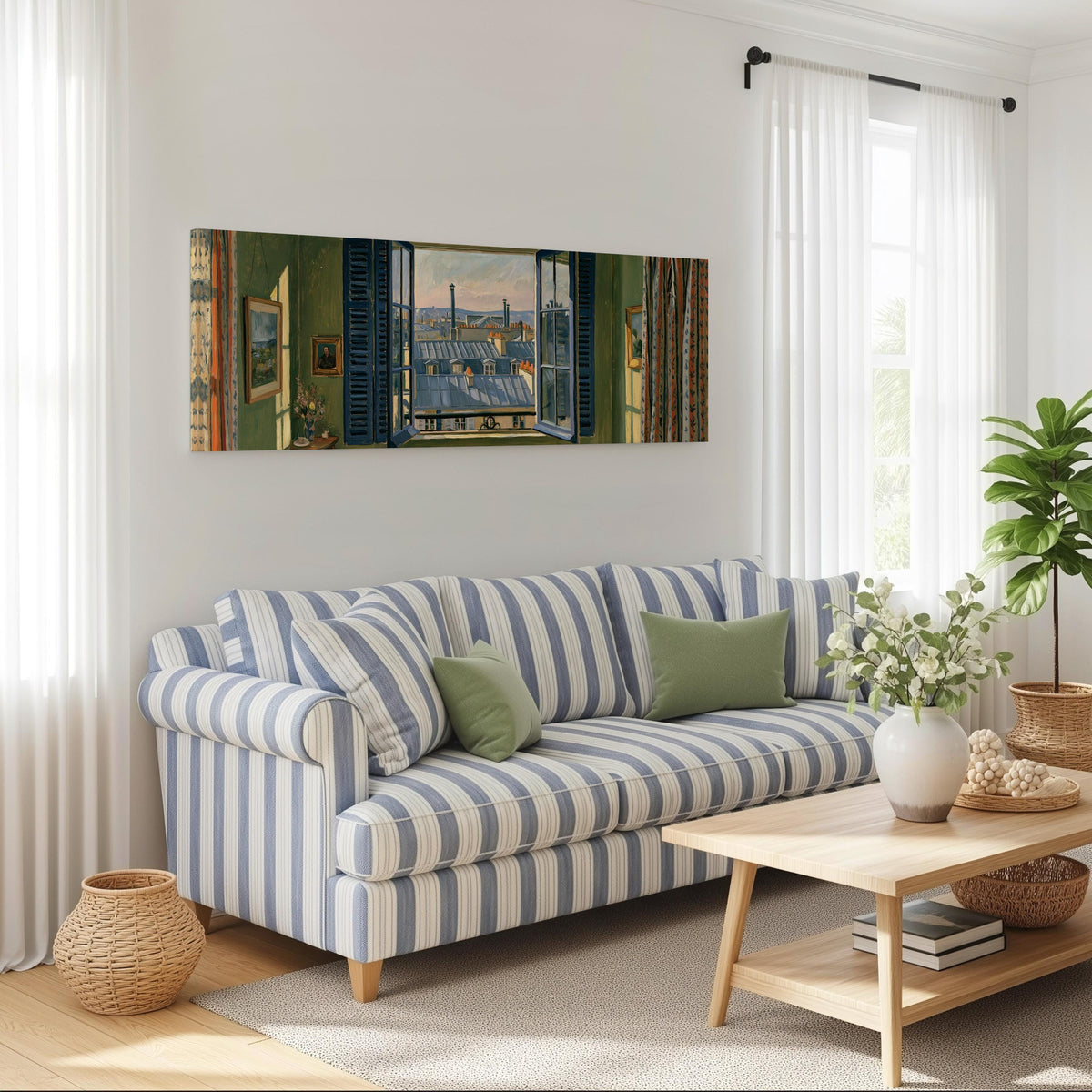 Paris zinc rooftops seen through a green room window long horizontal canvas print above a striped sofa in a coastal living room