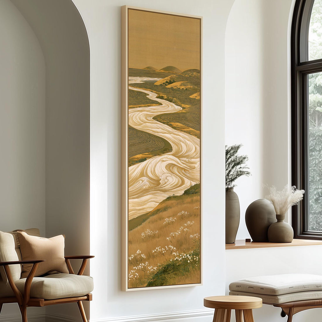 Winding golden river through a valley long vertical canvas print in a sunlit living space