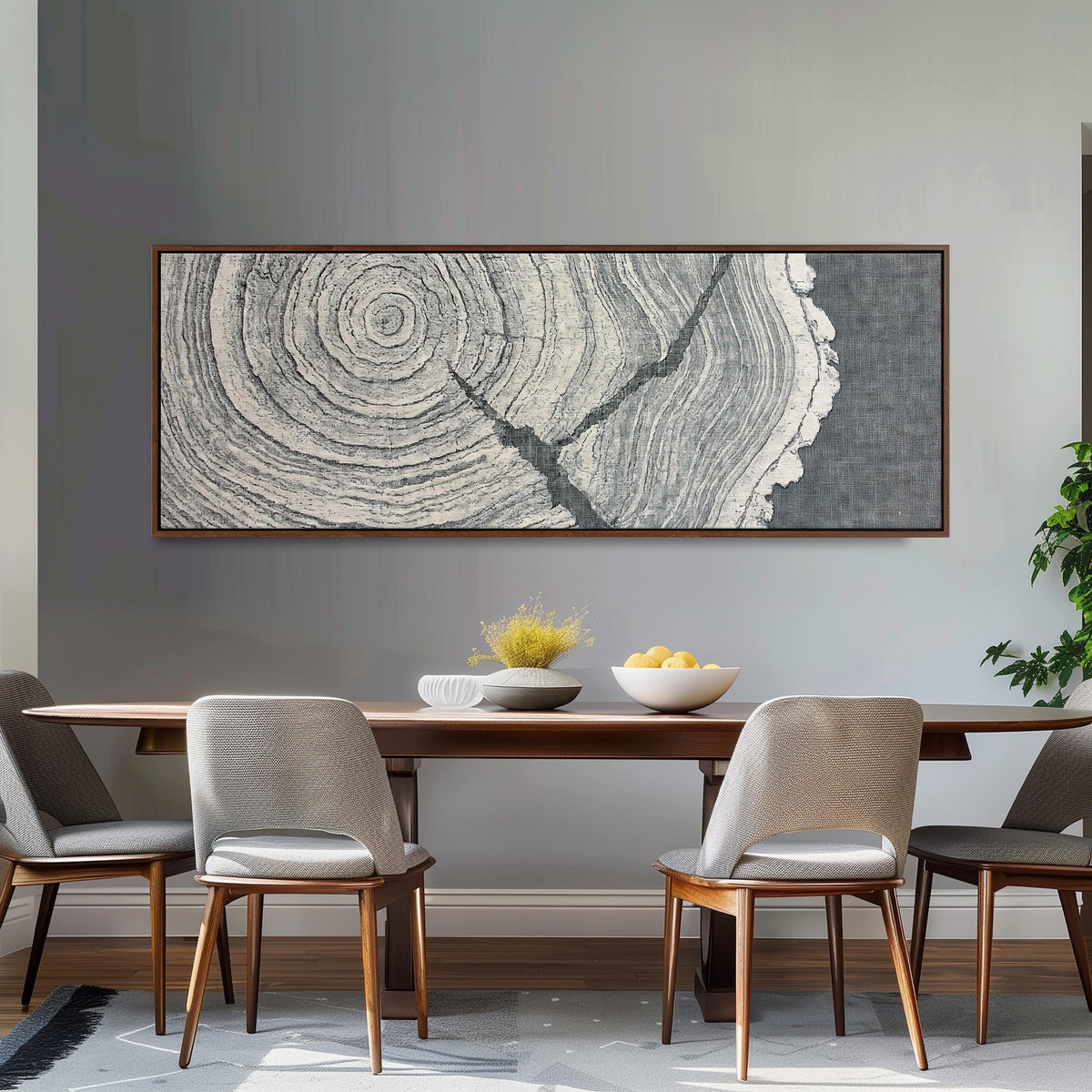 Grey tree ring on linen texture long horizontal canvas print above a dining table