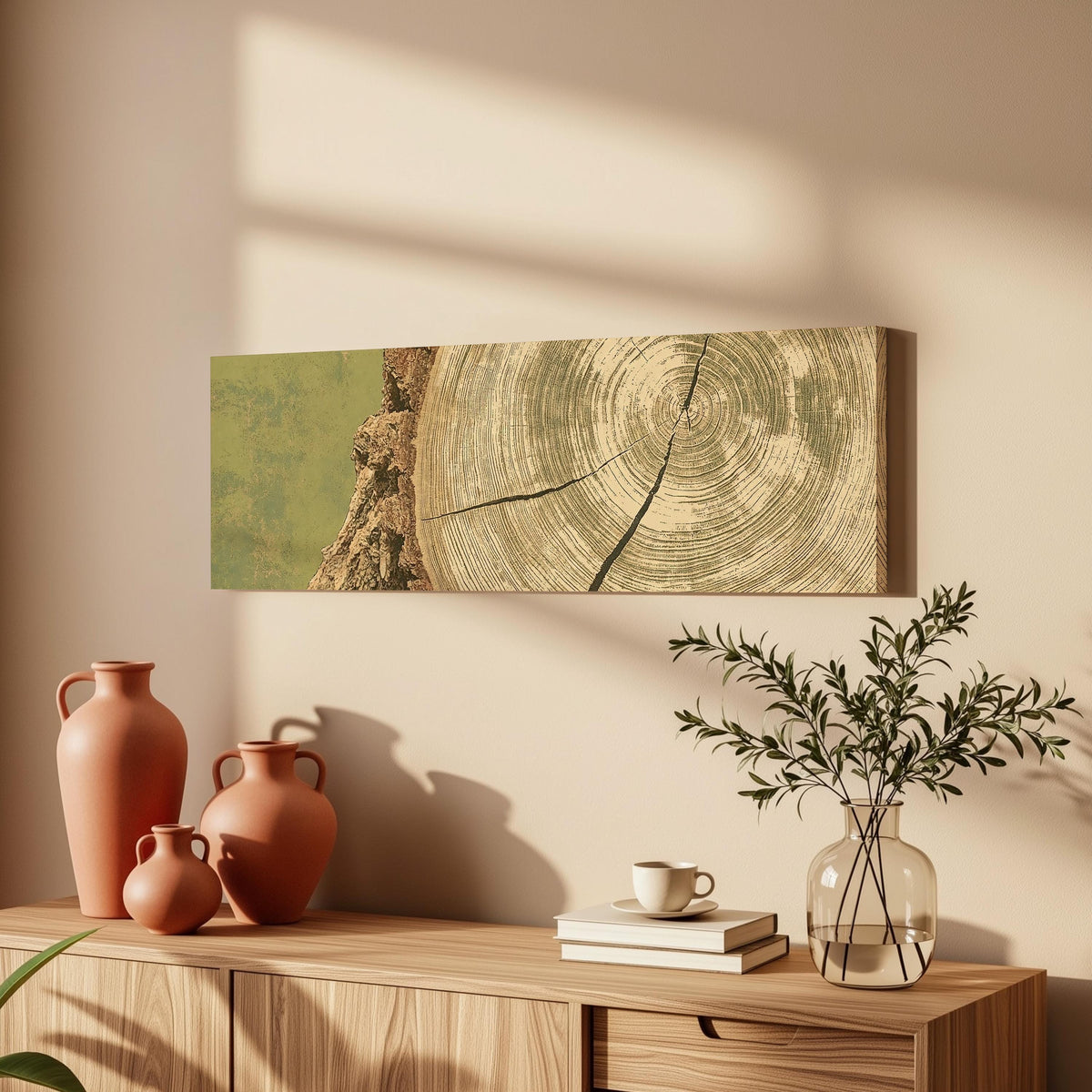 Golden tree ring wood grain long horizontal canvas print above a wooden sideboard