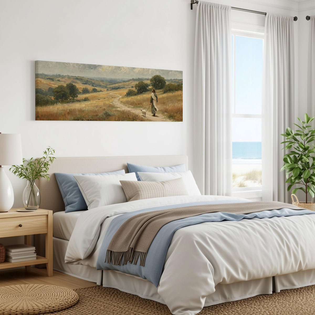 Jesus walking with a sheep on a golden hillside panoramic canvas print above a bed in a coastal bedroom