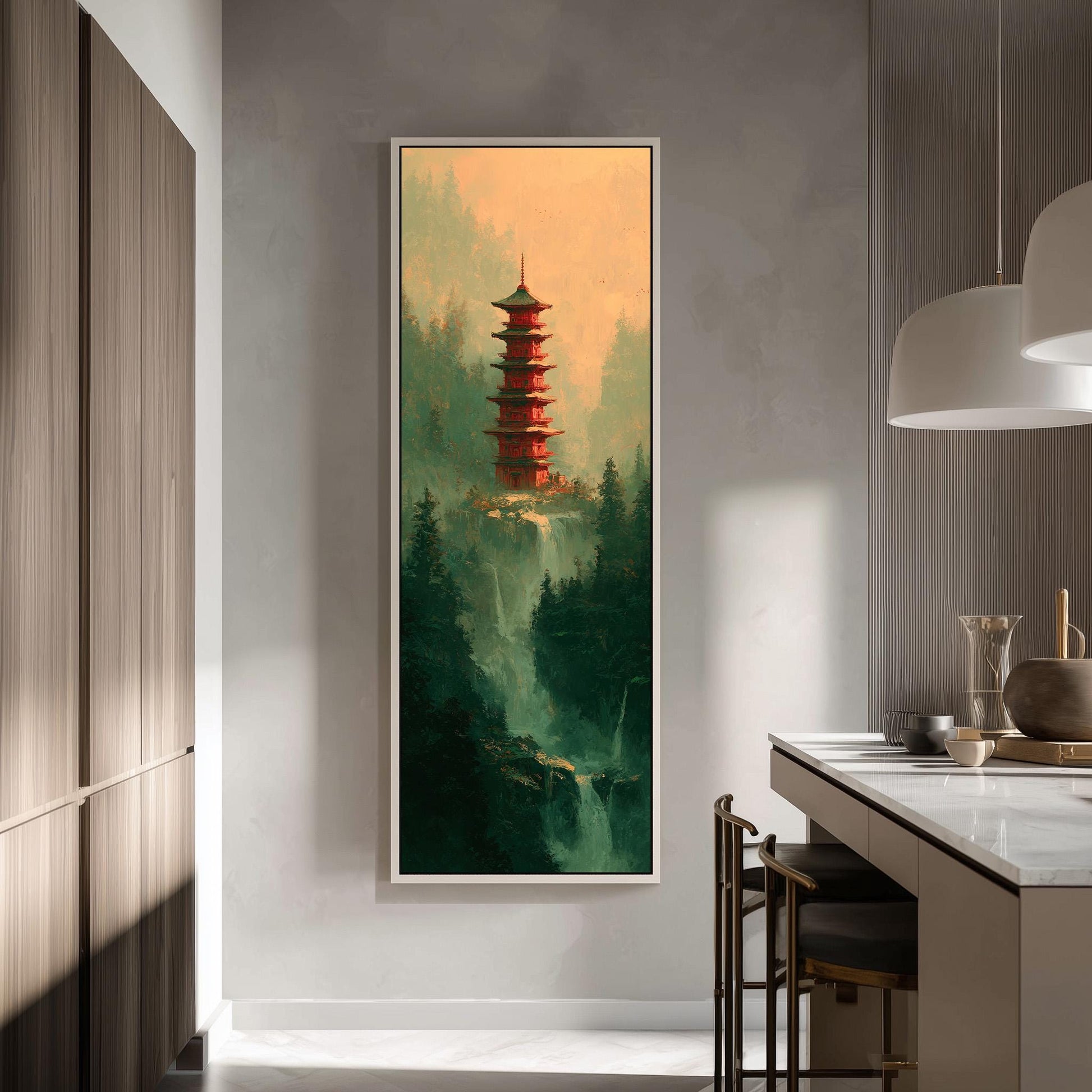a large, colorful painting of a pagoda-style tower in a lush, green landscape, hanging on a wall in a modern, minimalist kitchen.