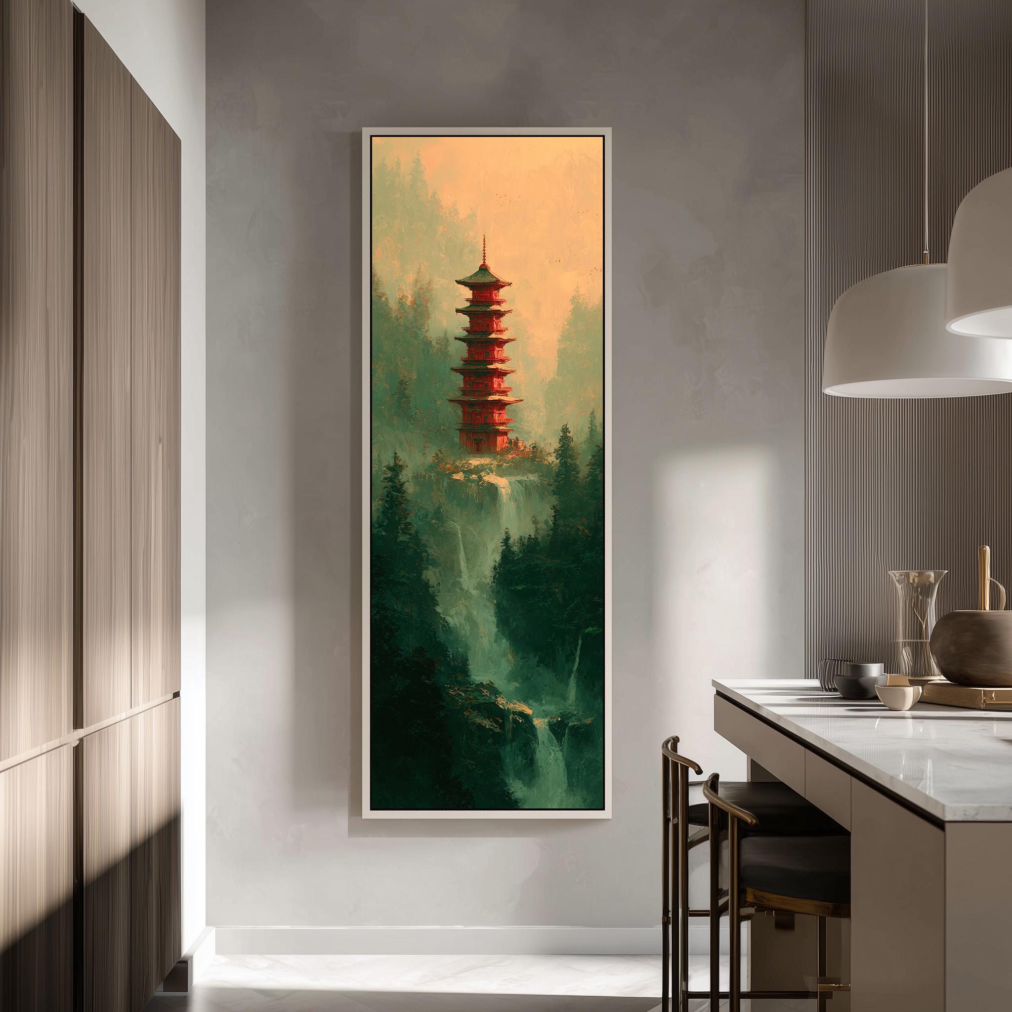 a large, colorful painting of a pagoda-style tower in a lush, green landscape, hanging on a wall in a modern, minimalist kitchen.