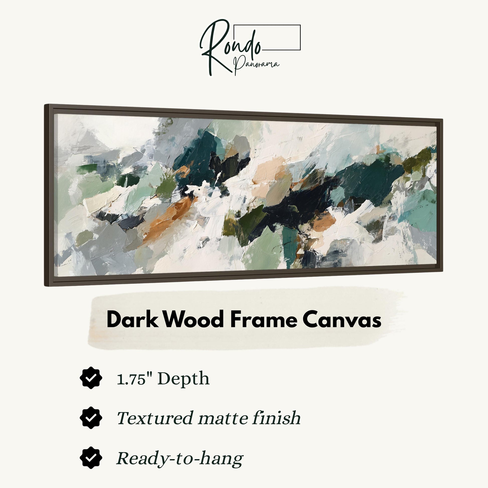 The image is a product advertisement for a dark wood frame canvas. It features a large abstract painting with a textured finish and a 1.75" depth. The canvas is described as textured matte finish and ready-to-hang.