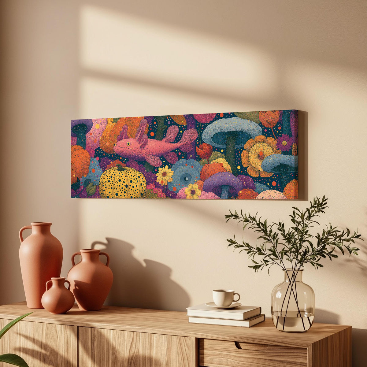 Fantasy mushrooms with a pink creature long horizontal canvas print above a wooden sideboard