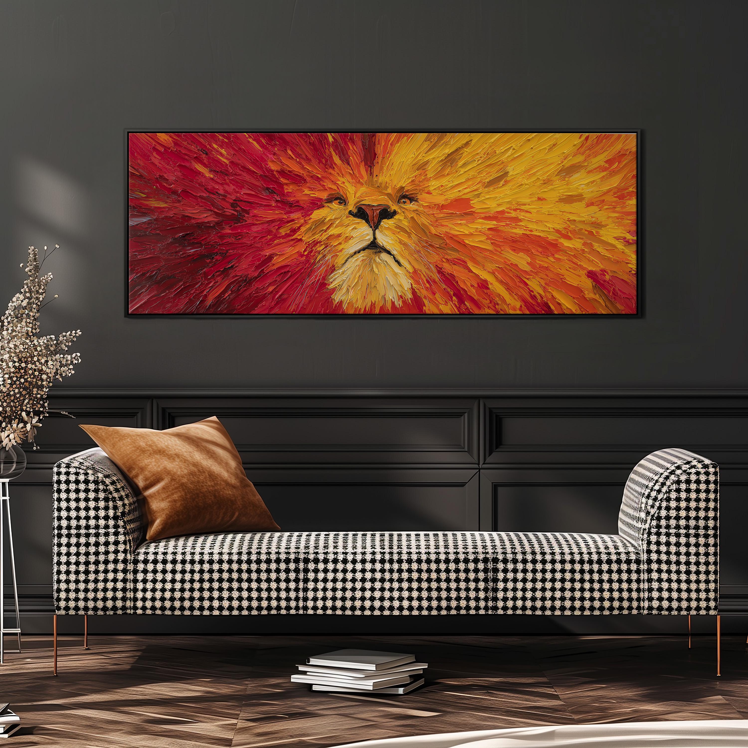 a large, vibrant painting of a lion's face hanging on a wall above a black and white checkered sofa.