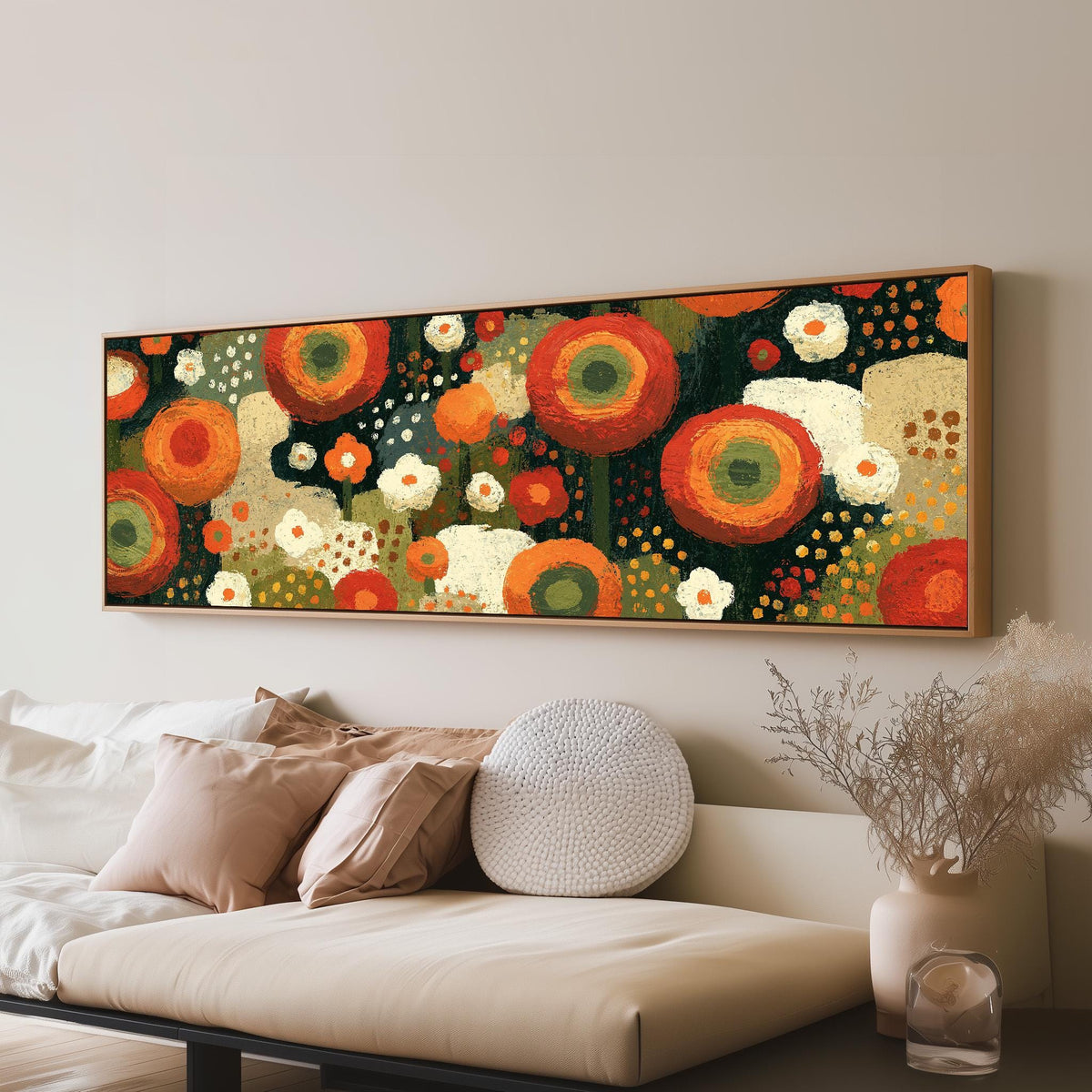 Concentric poppy rings long horizontal canvas print above a sofa in a living room