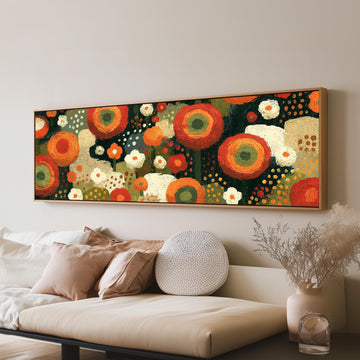 Concentric poppy rings long horizontal canvas print above a sofa in a living room