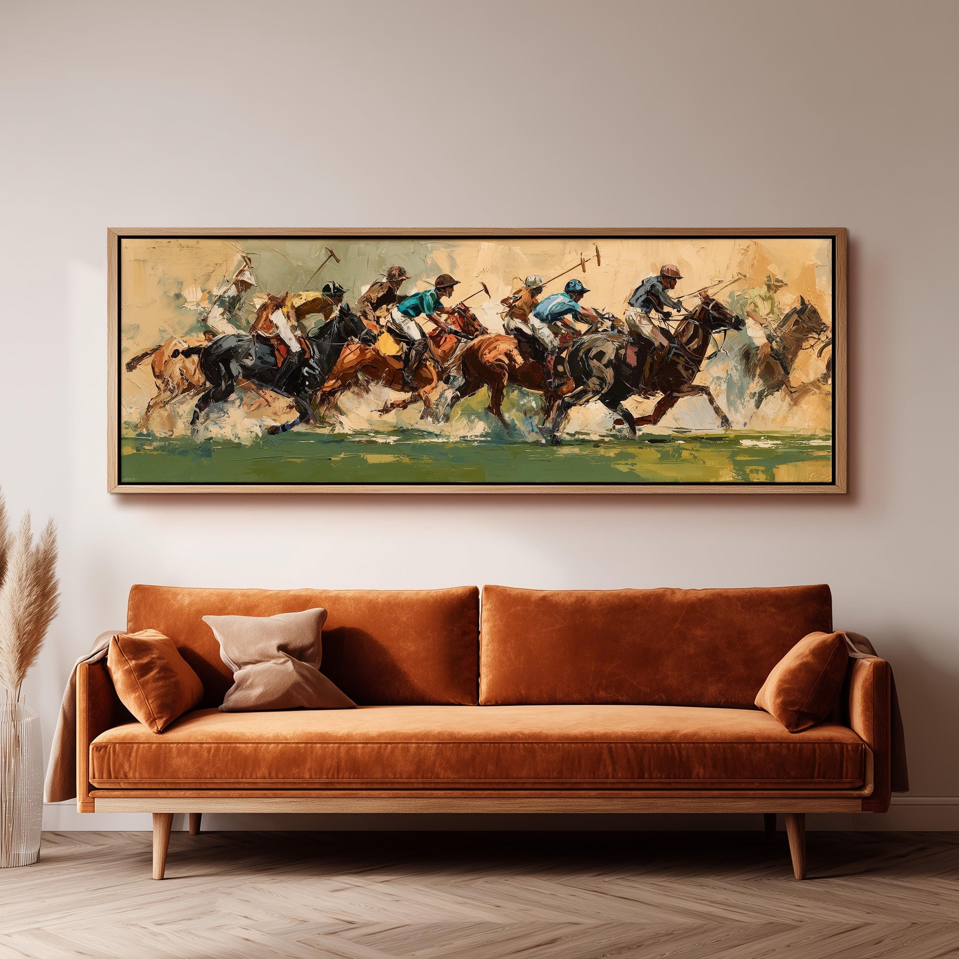 a large painting of a group of people riding horses, with a focus on the horses and riders in motion.