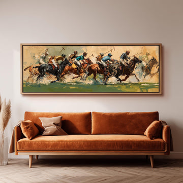 a large painting of a group of people riding horses, with a focus on the horses and riders in motion.