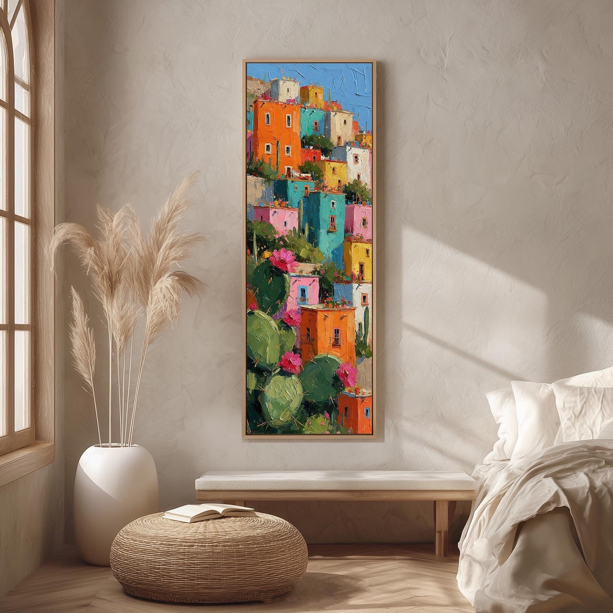 Colorful hillside houses with cacti long vertical canvas print in a bright reading corner