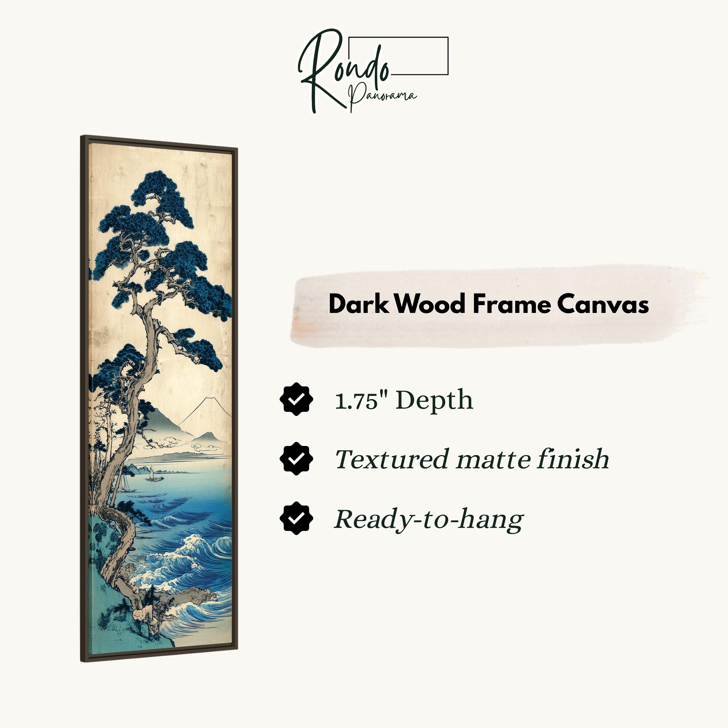 The image is a vertical text box containing information about a dark wood frame canvas.