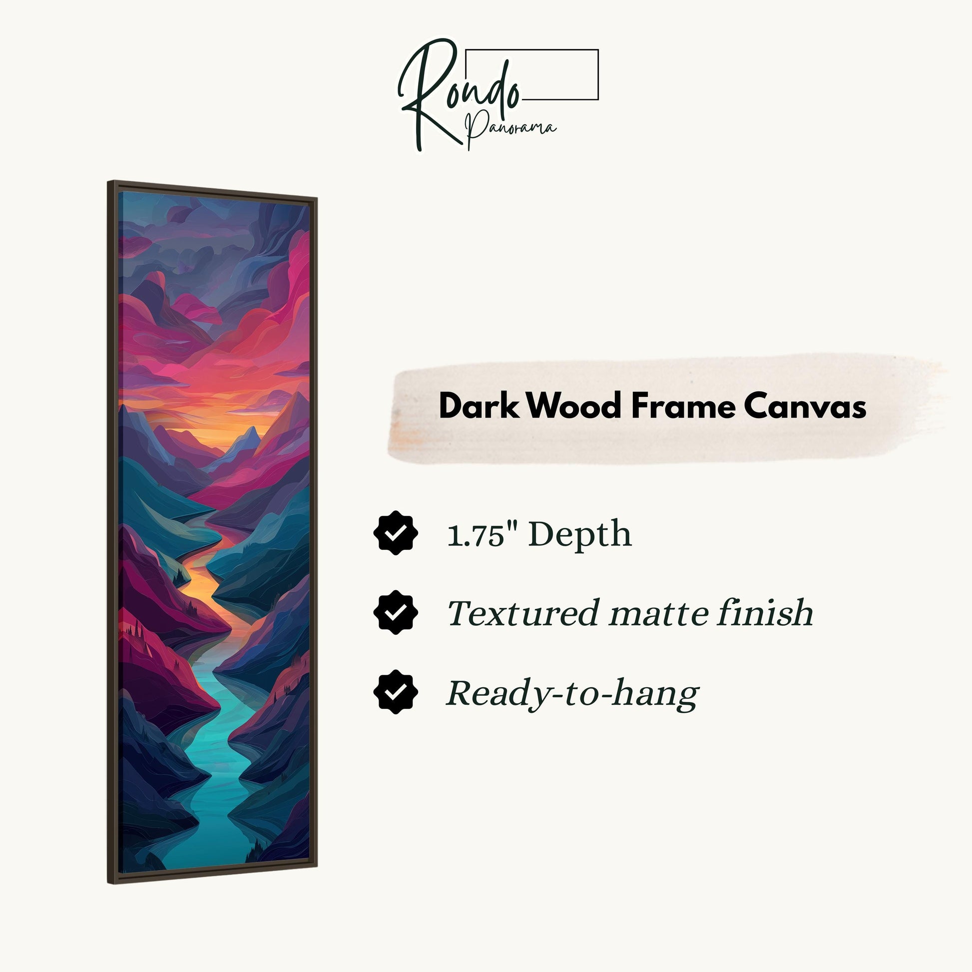 The image is a dark wood frame canvas depicting a colorful mountain landscape with a river flowing through it.