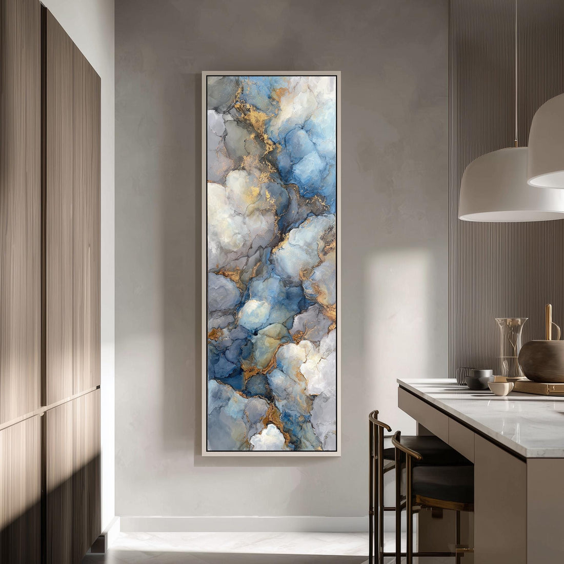 a large abstract painting hanging on a wall in a modern kitchen.