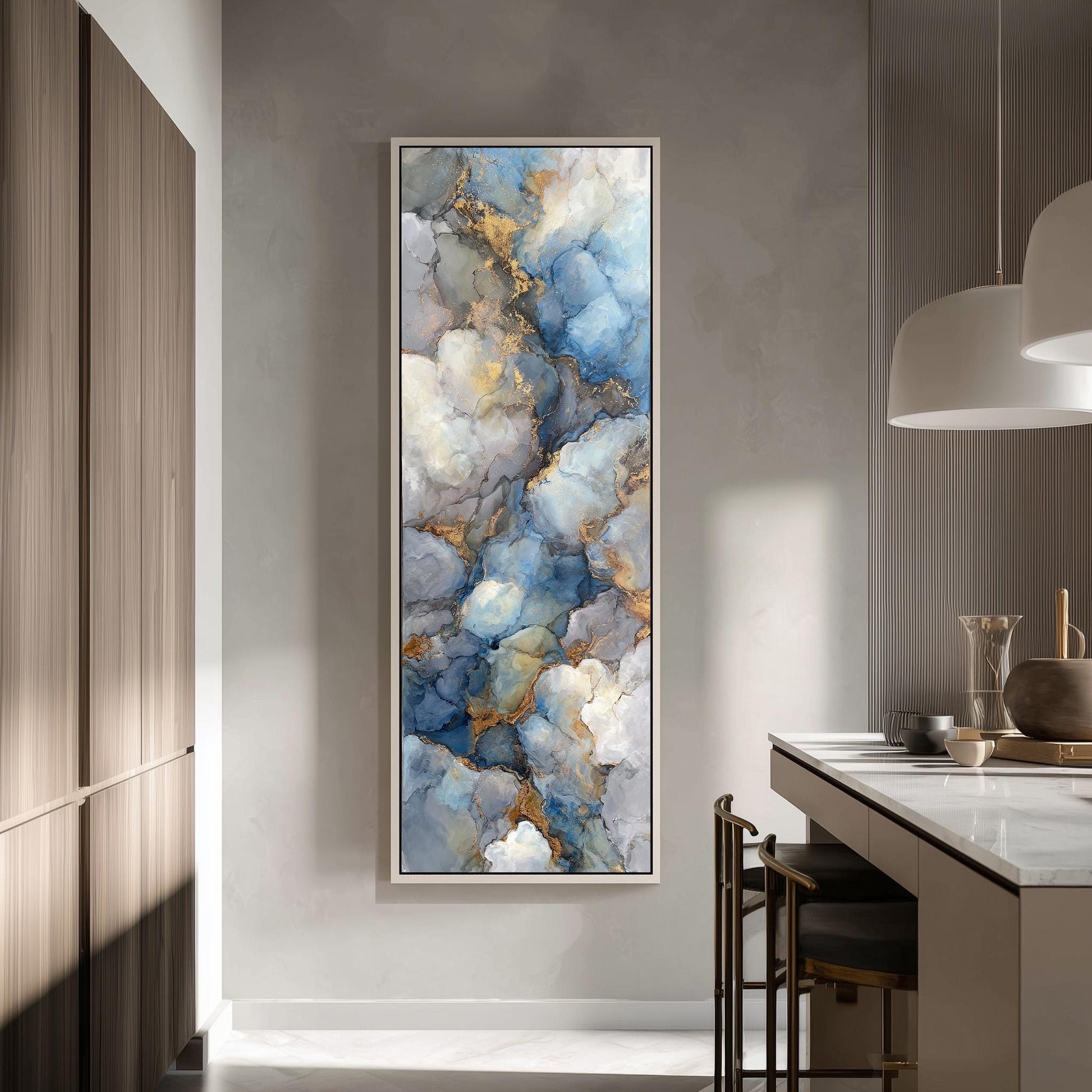 a large abstract painting hanging on a wall in a modern kitchen.