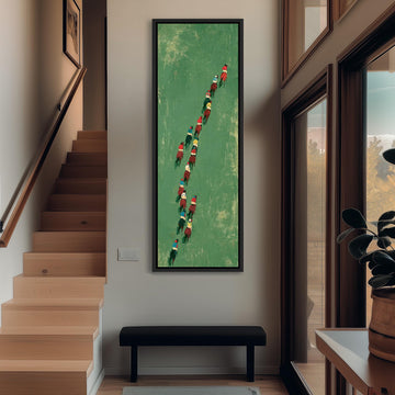 Racehorses and jockeys seen from above long vertical canvas print in a sunlit living space