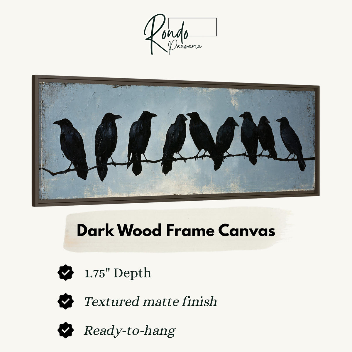 Crows gathered on a branch canvas print in a dark wood floating frame