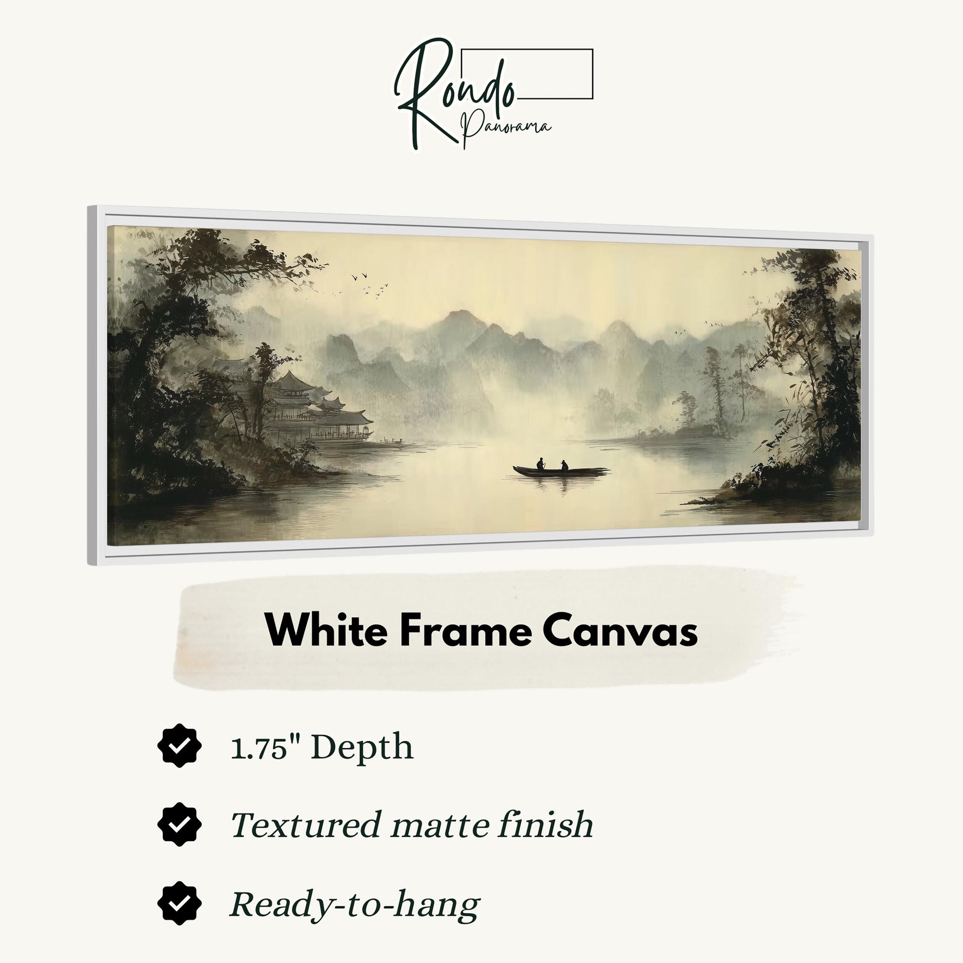 The image is a framed artwork depicting a serene landscape with a boat on a lake, surrounded by mountains and trees. The artwork is described as a "White Frame Canvas" with a 1.75" depth, a "Textured matte finish", and "Ready-to-hang".