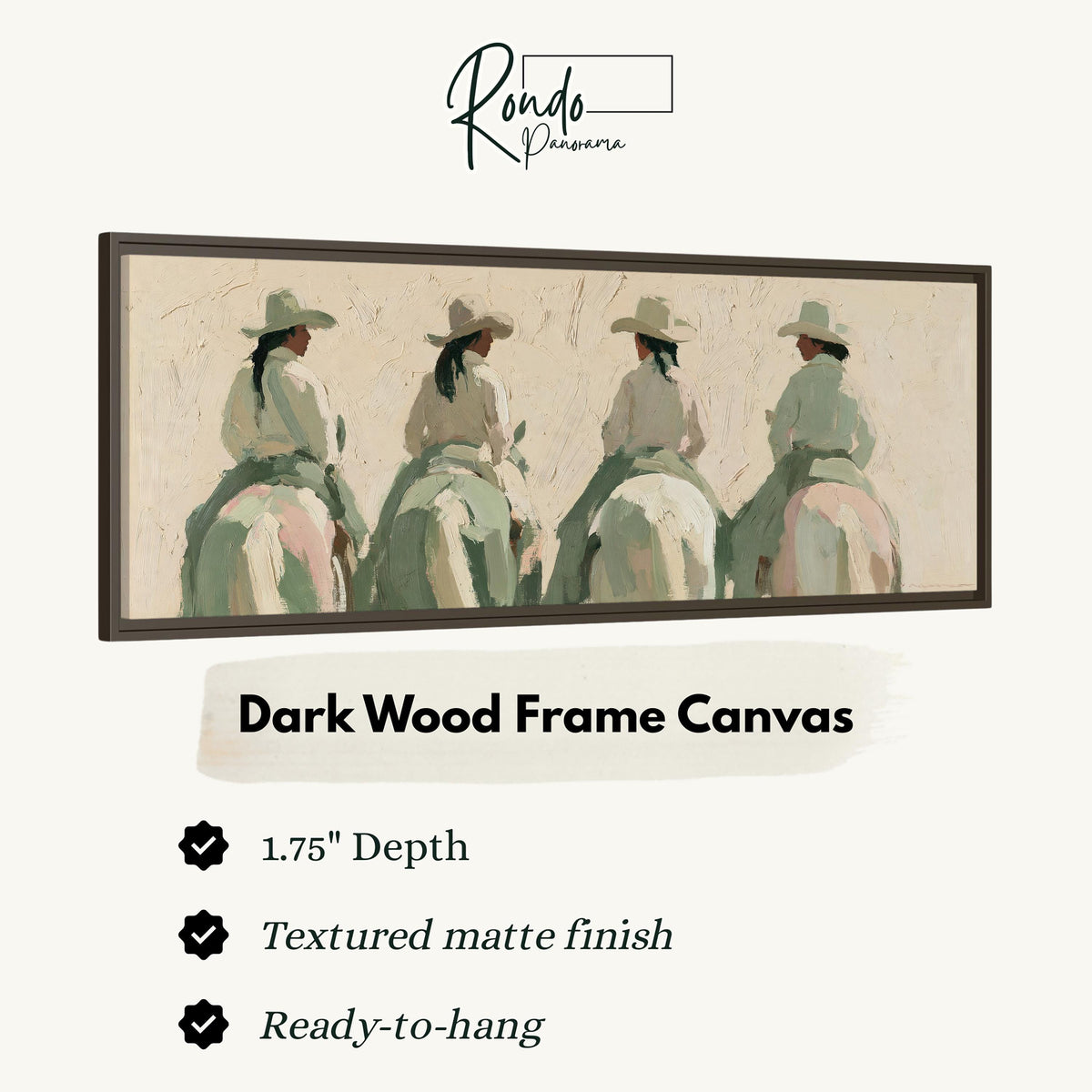 Cowgirl trail riders canvas print in a dark wood floating frame