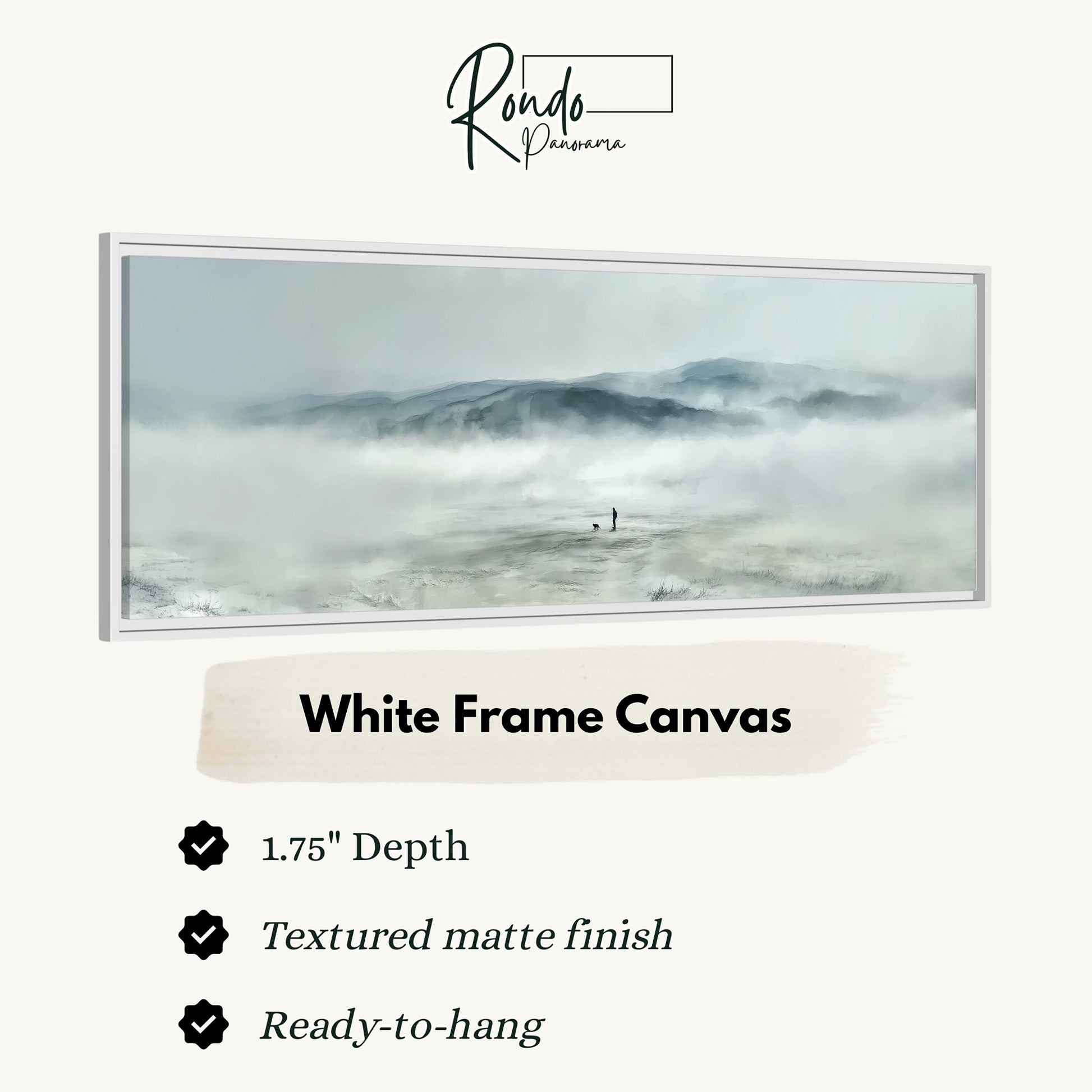 The image is a white frame canvas depicting a landscape with a person standing in the distance, surrounded by fog and mountains.