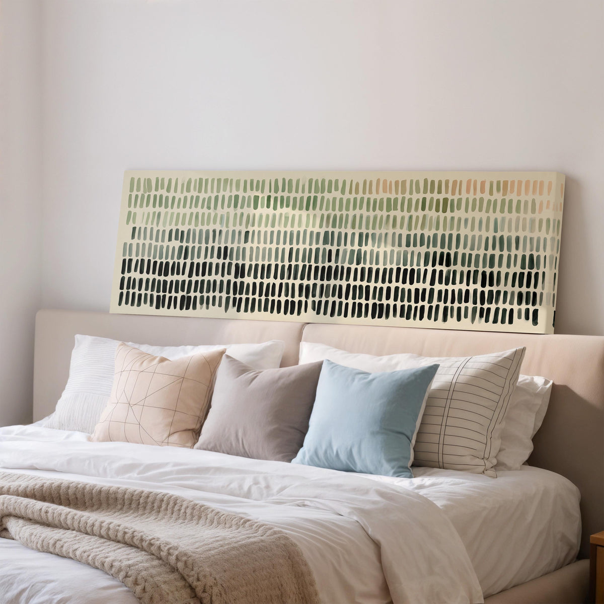 Brushmark dashes fading from sage to charcoal wide panoramic canvas print above a bed in a bedroom
