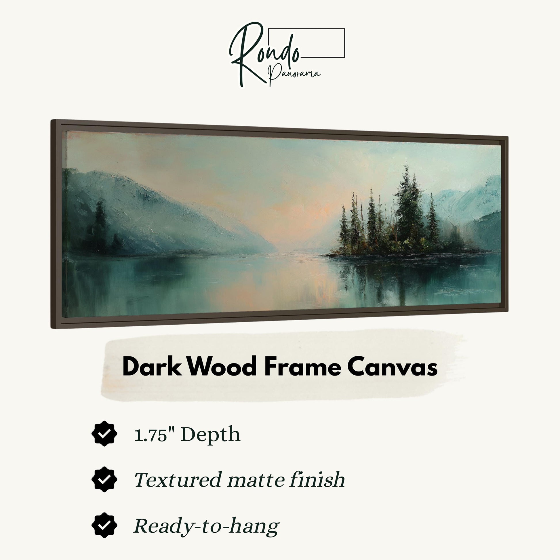 The image is a framed artwork depicting a serene landscape with a lake and mountains in the background.