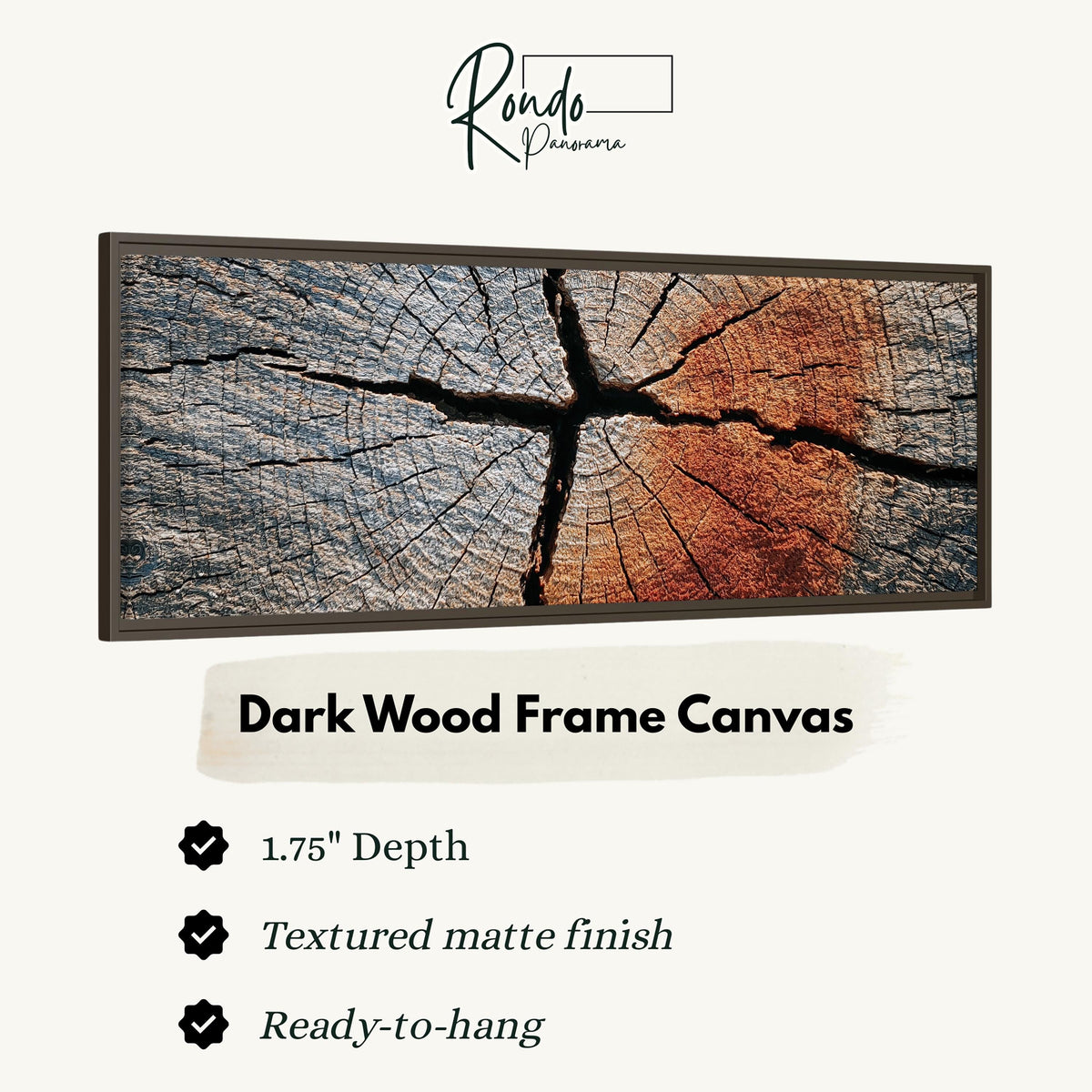 Copper cracked wood grain canvas print in a dark wood floating frame