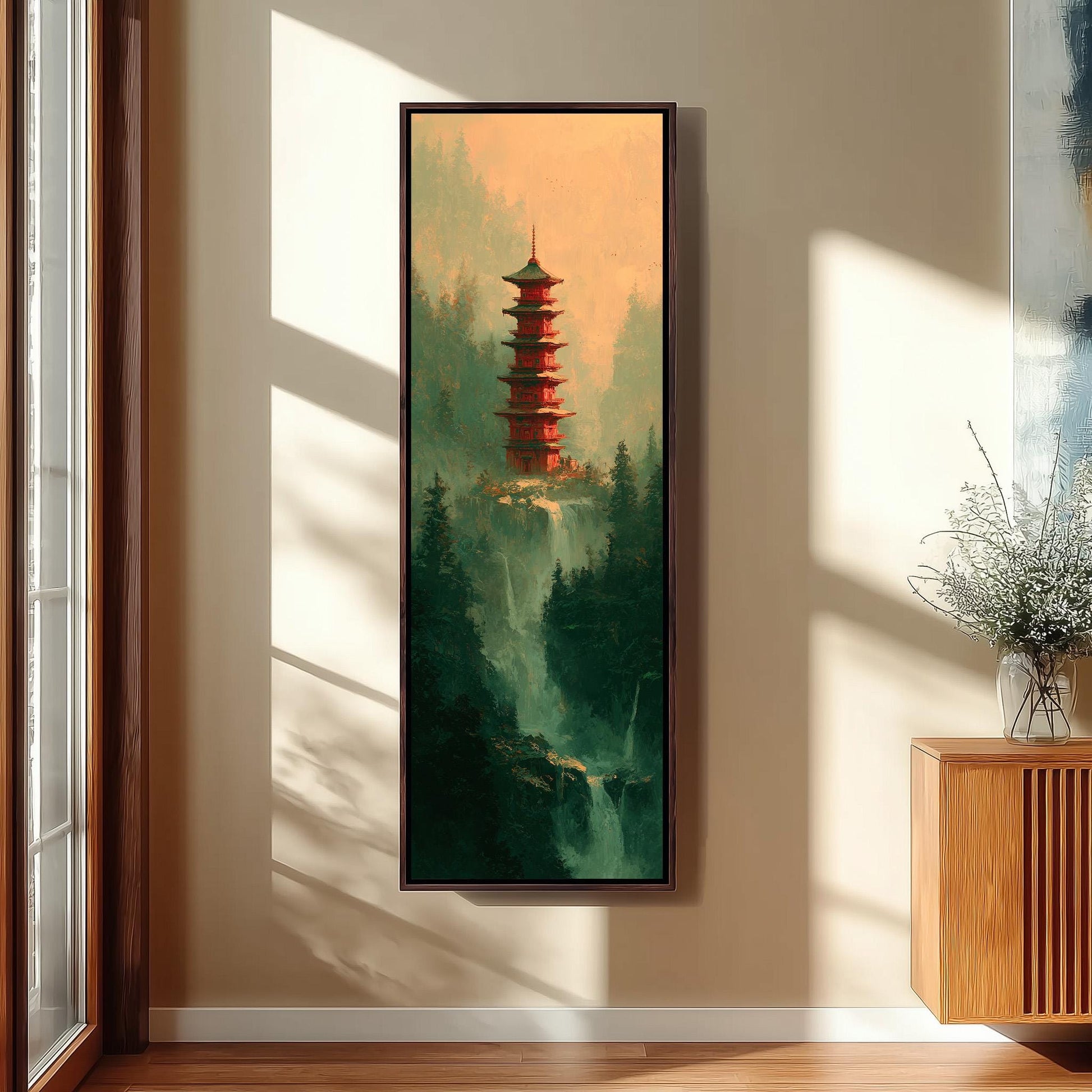 a large painting of a pagoda-style building set against a lush, green landscape with a waterfall in the background.