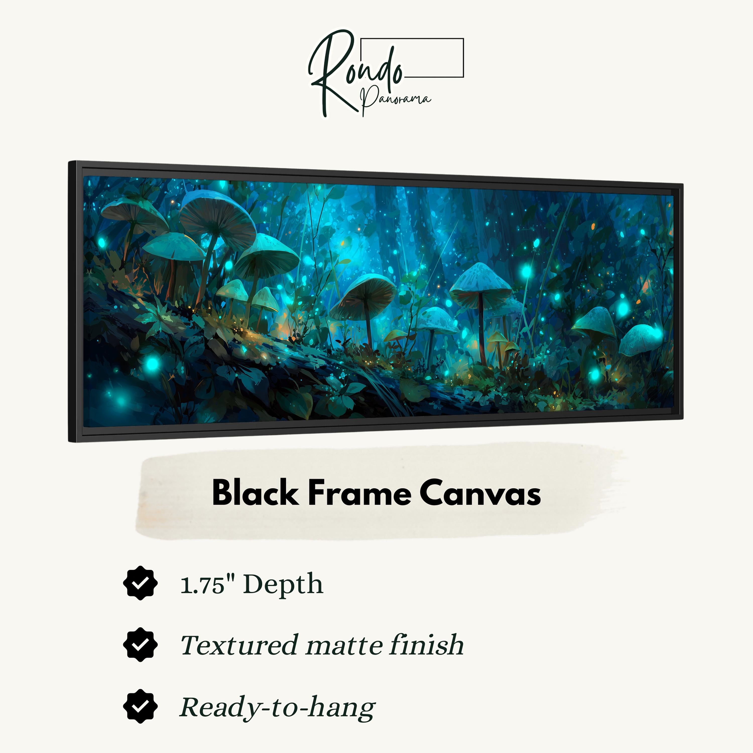 The image is a black frame canvas depicting a fantastical forest scene with glowing mushrooms and plants.