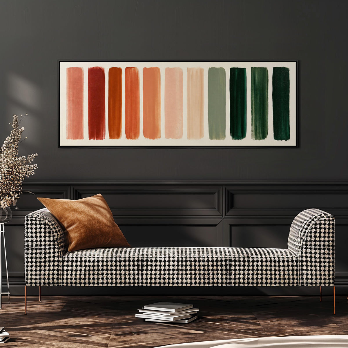 Brushed swatches from terracotta to forest green wide panoramic canvas print above a bench in a dark living room