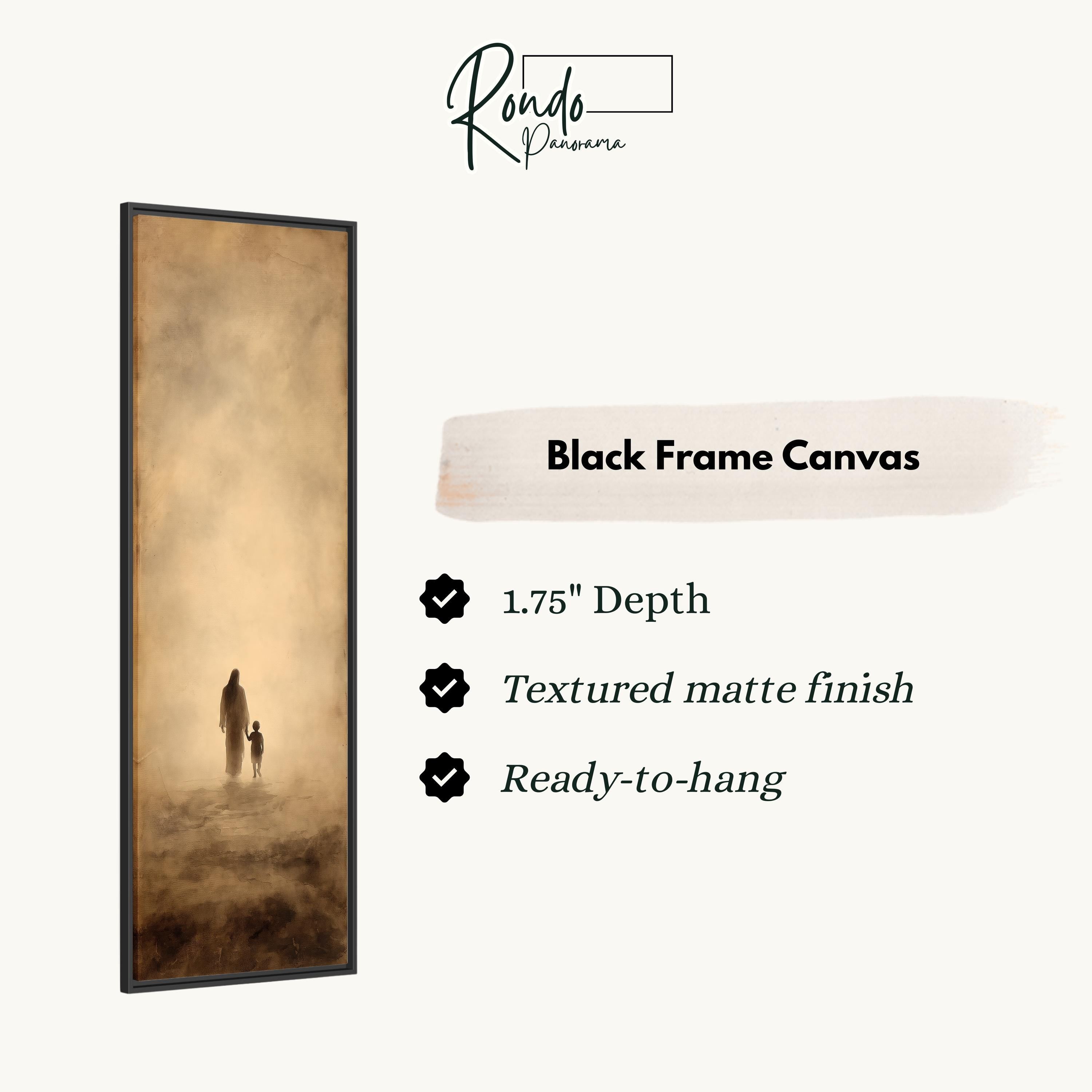 The image is a black frame canvas depicting a person and a child walking in a misty, foggy landscape.