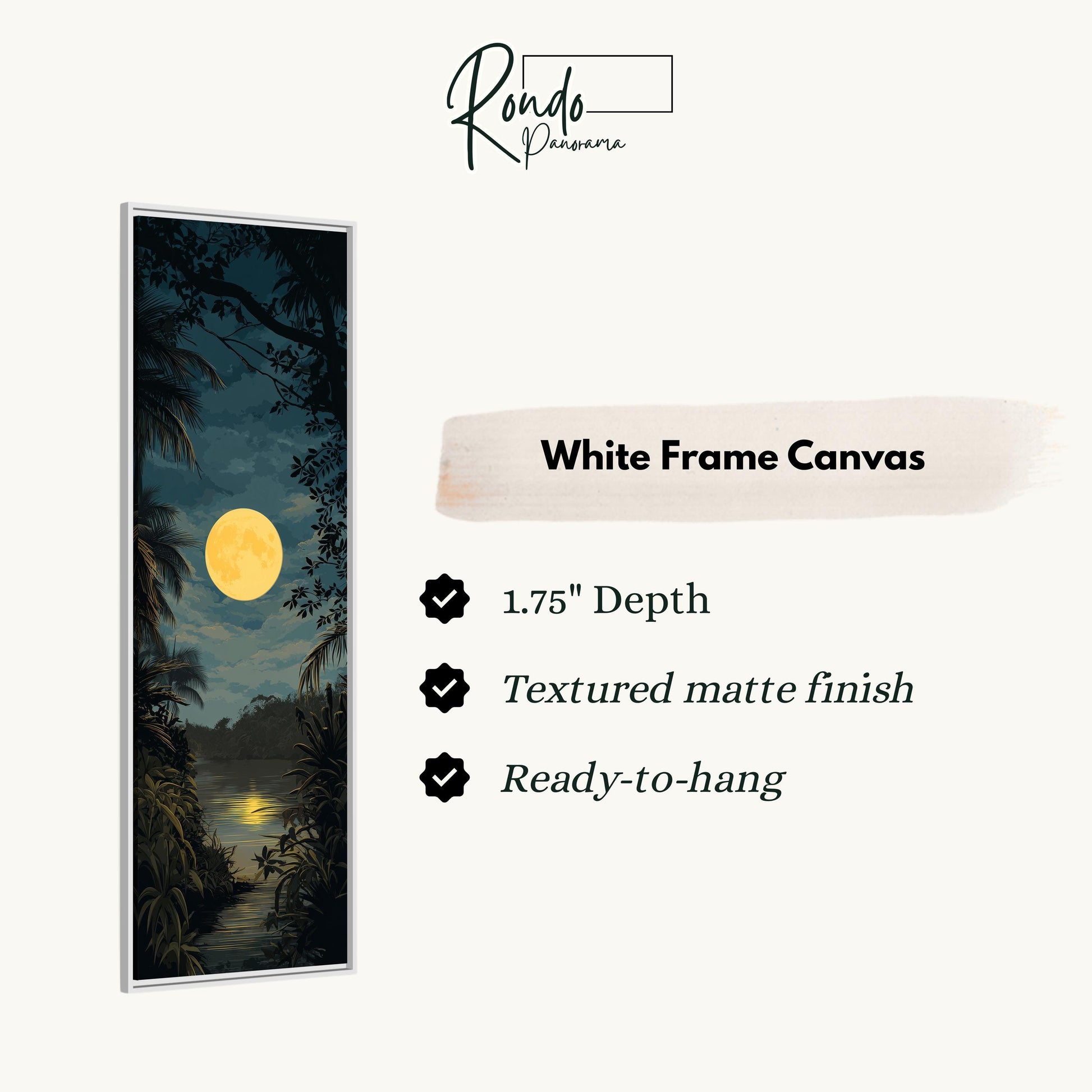 The image is a white frame canvas depicting a tropical nighttime scene with a full moon and palm trees.