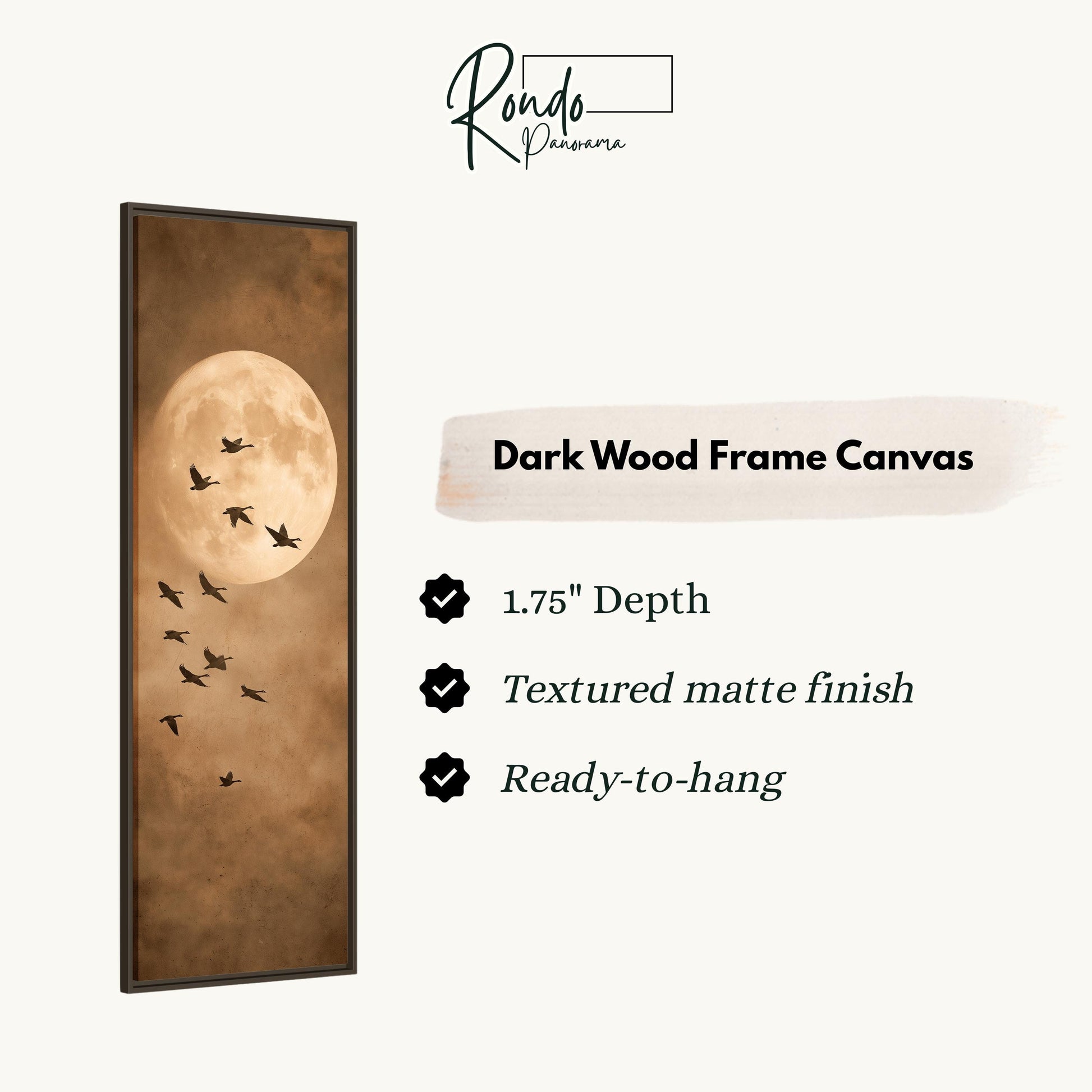 The image is a dark wood frame canvas featuring a large full moon and a flock of birds flying in the sky.