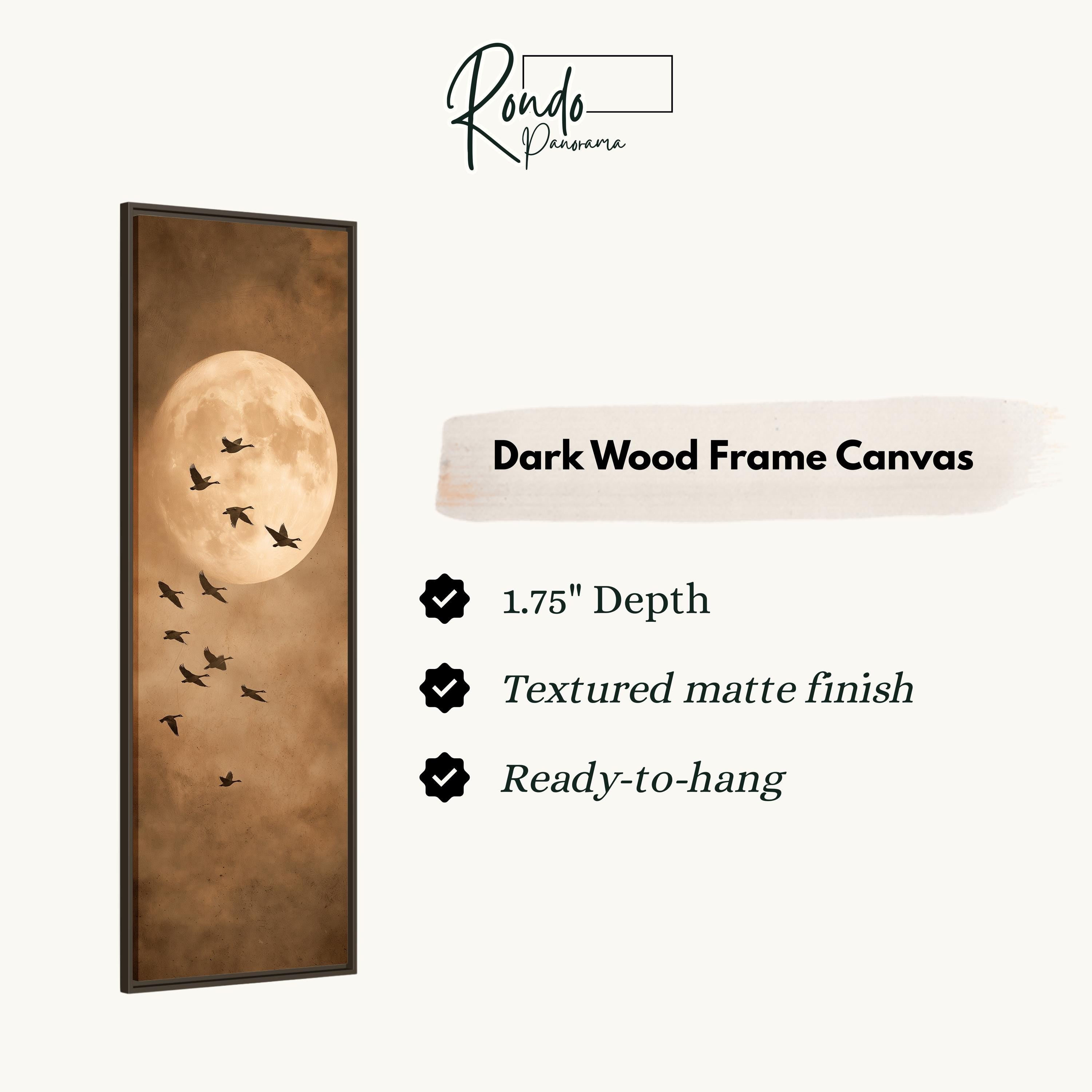 The image is a dark wood frame canvas featuring a large full moon and a flock of birds flying in the sky.