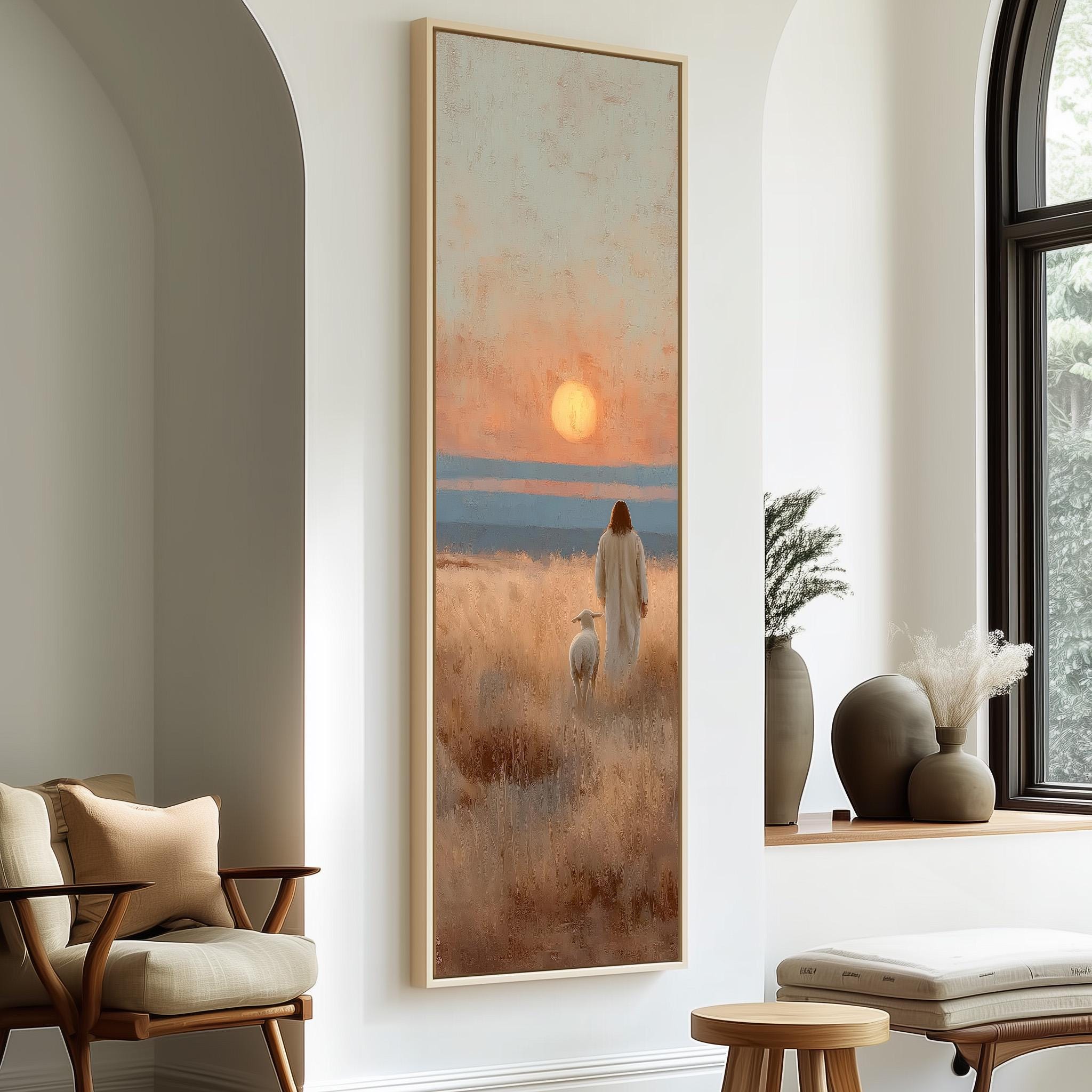 a serene indoor setting with a large painting of a person in a long white robe standing in a field, gazing out at the sunset. The painting is framed and hangs on a white wall, with a window and a chair visible in the background.