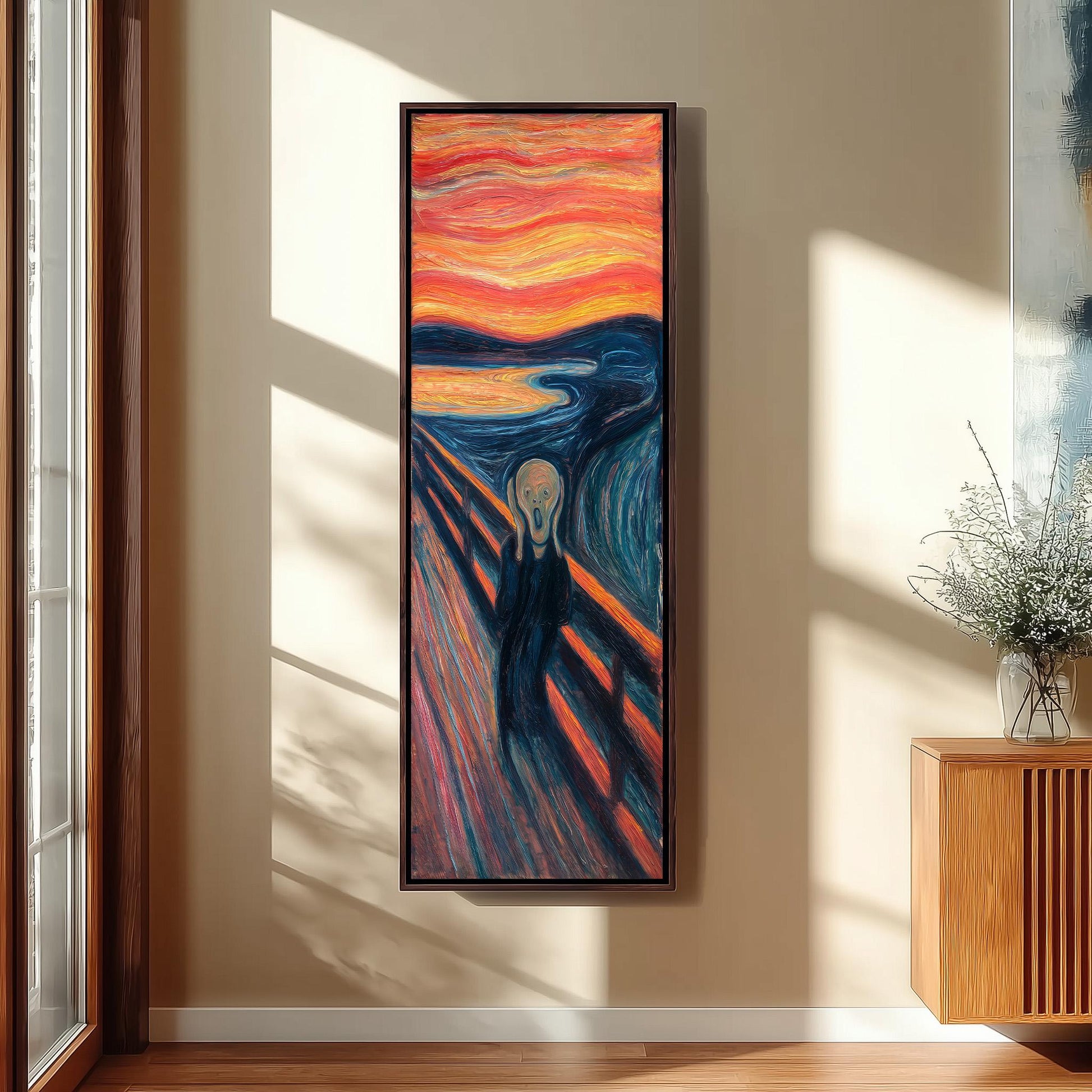 a large, colorful painting of a figure with a distressed expression, hanging on a wall in a room with a wooden floor and a window.