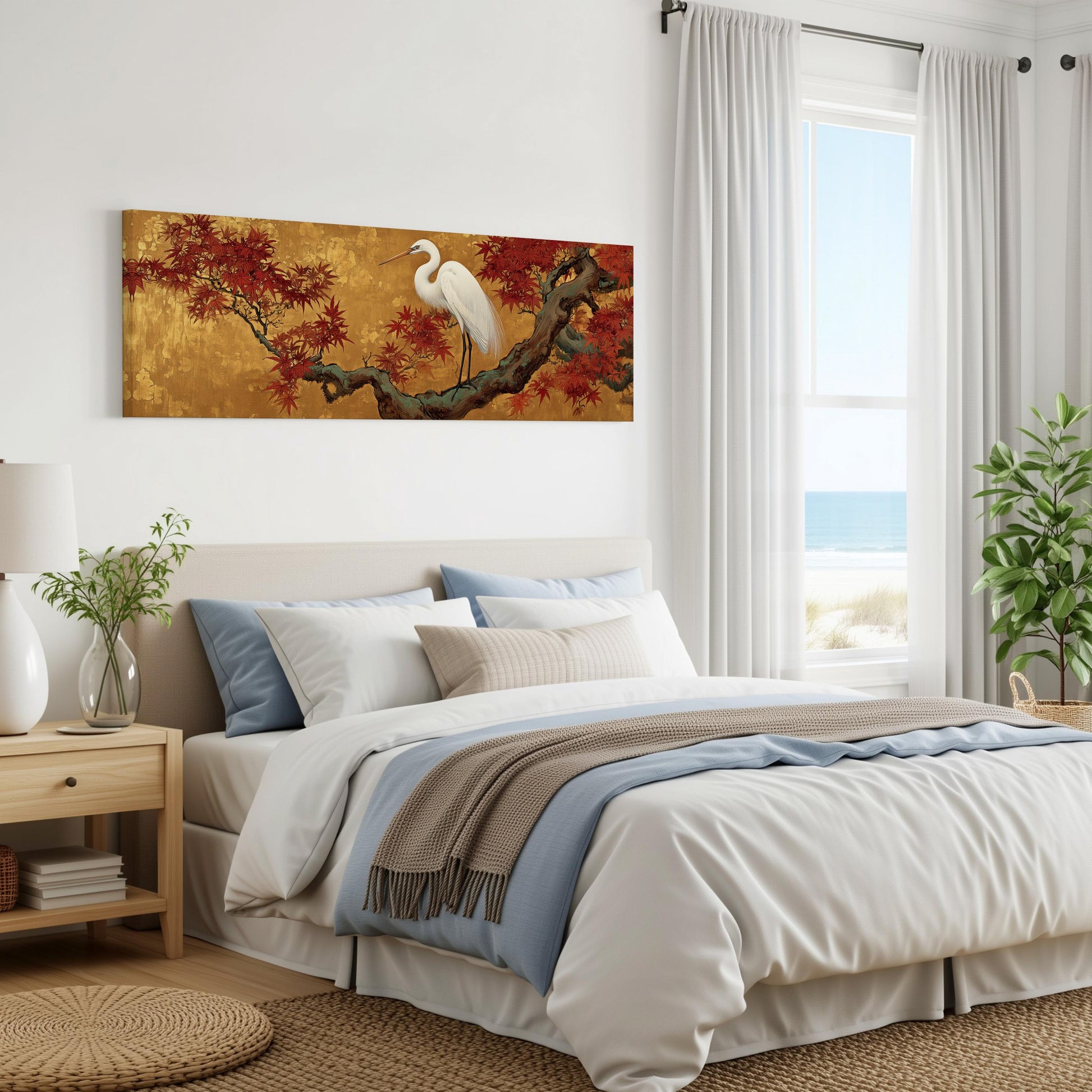 a serene bedroom scene with a large bed, a painting of a crane on a branch, and a window overlooking the ocean.