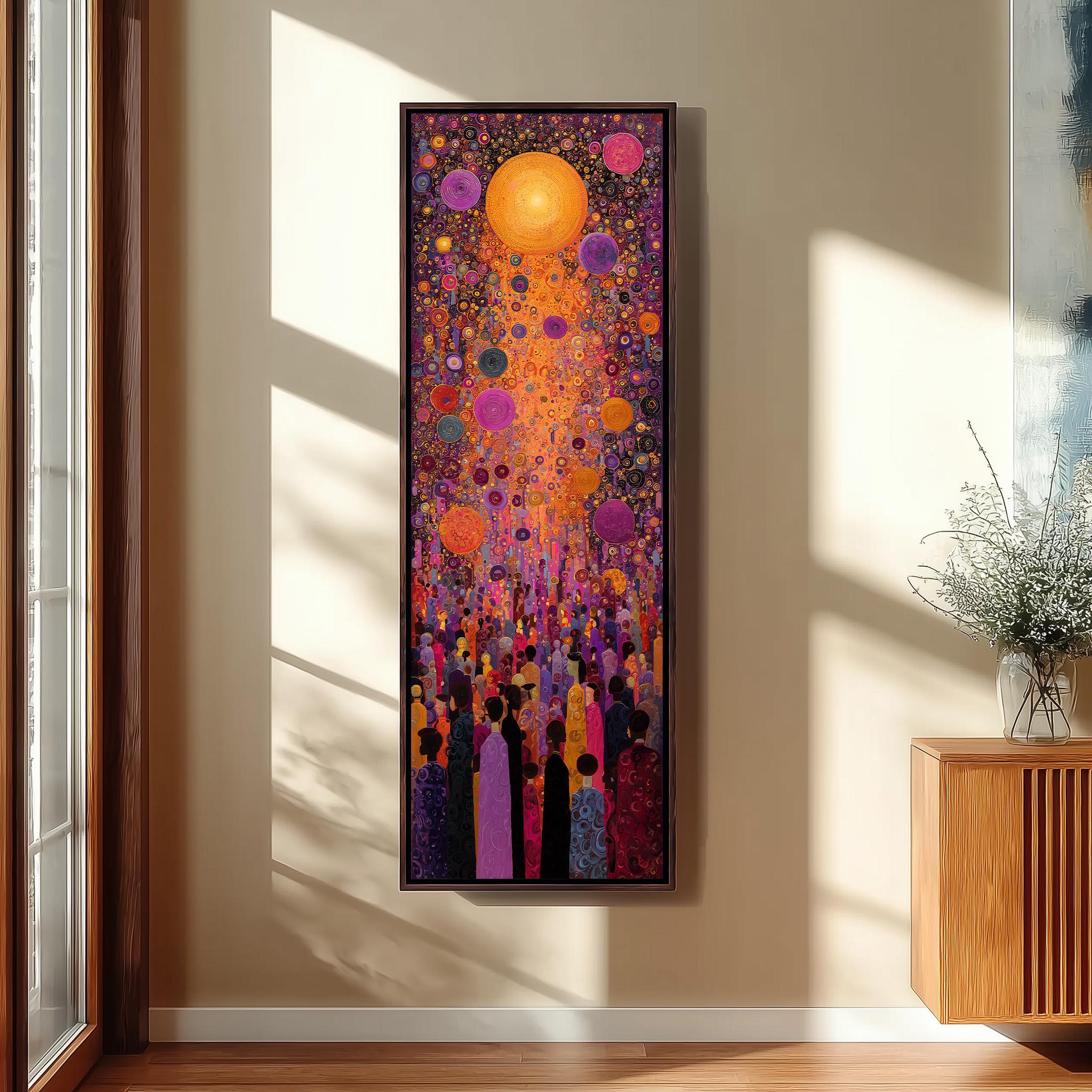 a large, colorful painting hanging on a wall in a room with a wooden cabinet below it.
